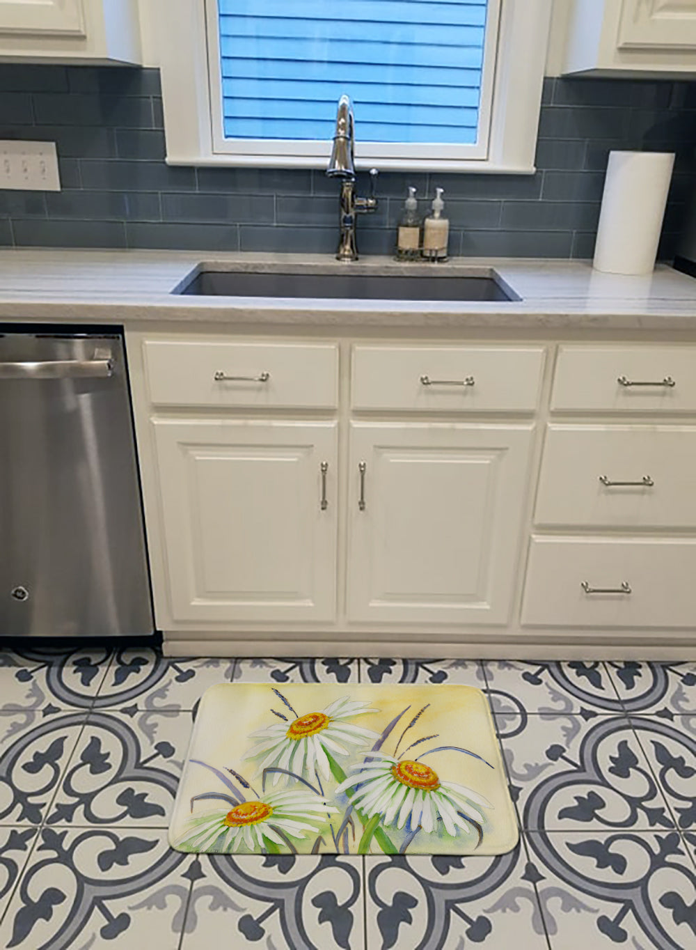 Daisies by Maureen Bonfield Memory Foam Kitchen Mat Machine Washable Anti-Fatigue Cushion Comfort Bath or Kitchen Rug