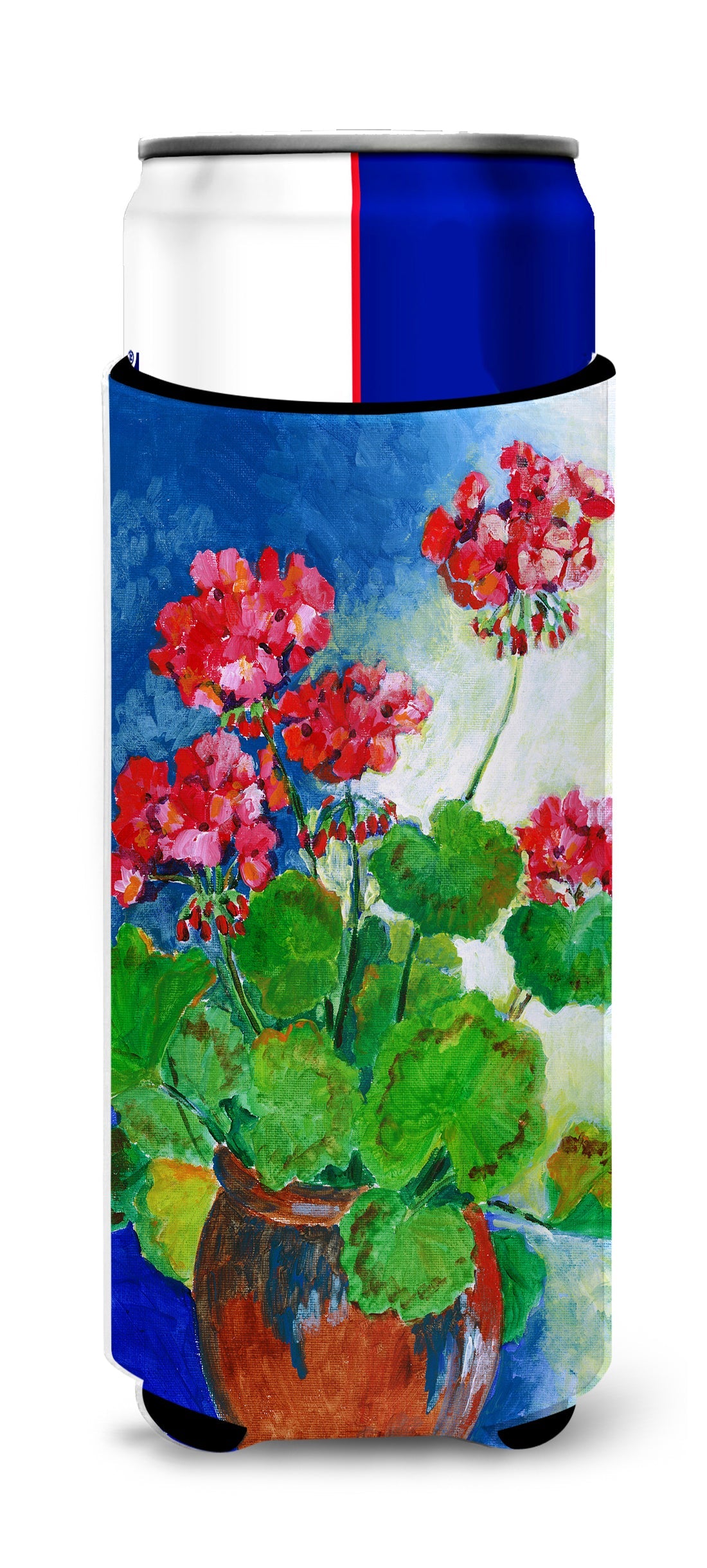 Geraniums by Maureen Bonfield Slim Can Hugger , Insulated Foam Hugger for 12 oz Slim Cans, Beer Bottles & Water Bottles, Printed in USA