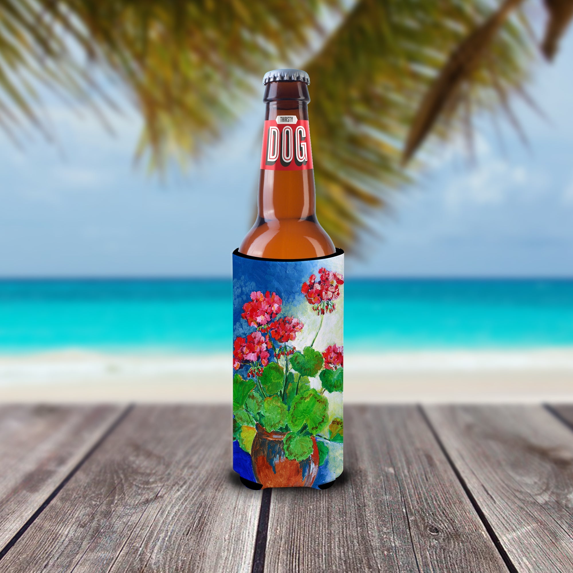 Geraniums by Maureen Bonfield Slim Can Hugger , Insulated Foam Hugger for 12 oz Slim Cans, Beer Bottles & Water Bottles, Printed in USA