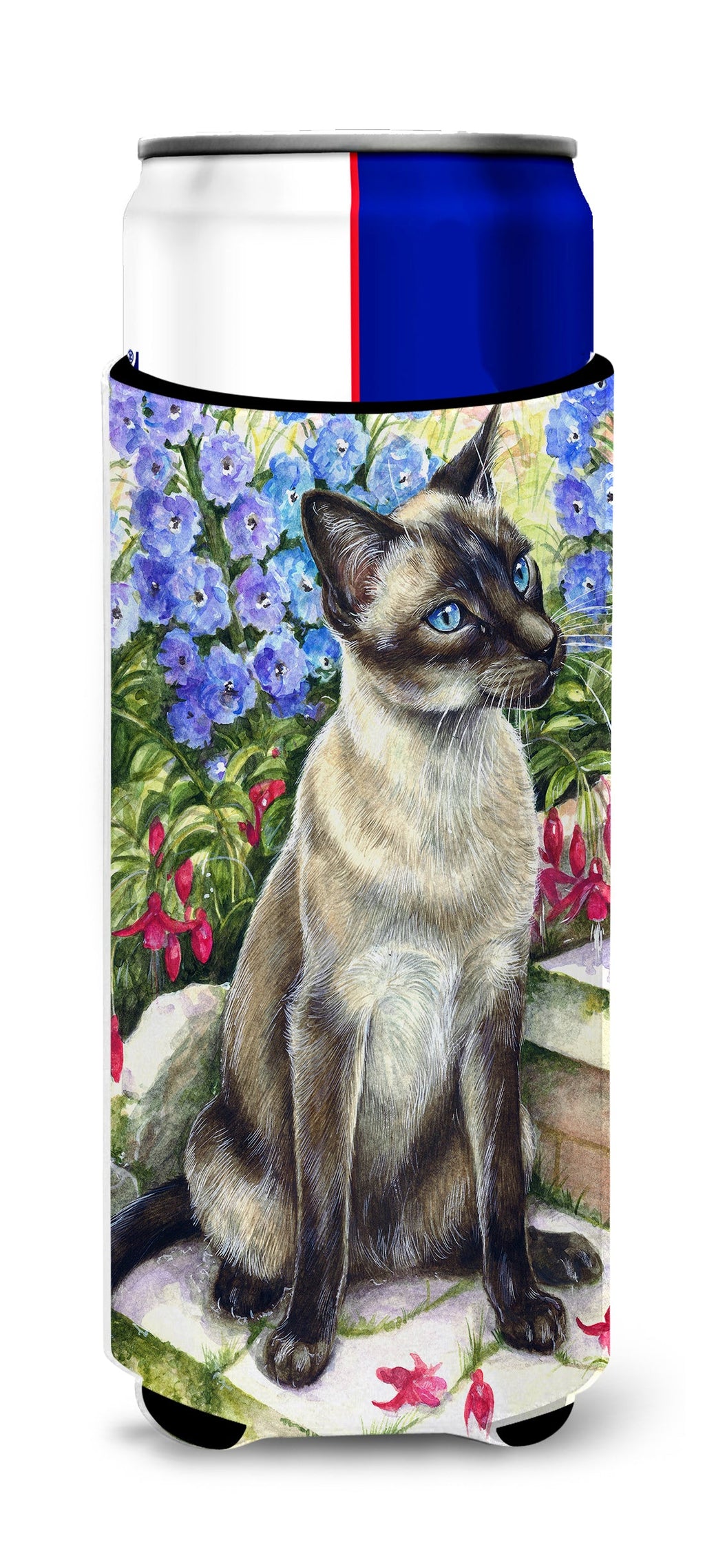 Siamese cat in the Garden Slim Can Hugger , Insulated Foam Hugger for 12 oz Slim Cans, Beer Bottles & Water Bottles, Printed in USA