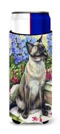 Siamese cat in the Garden Slim Can Hugger , Insulated Foam Hugger for 12 oz Slim Cans, Beer Bottles & Water Bottles, Printed in USA