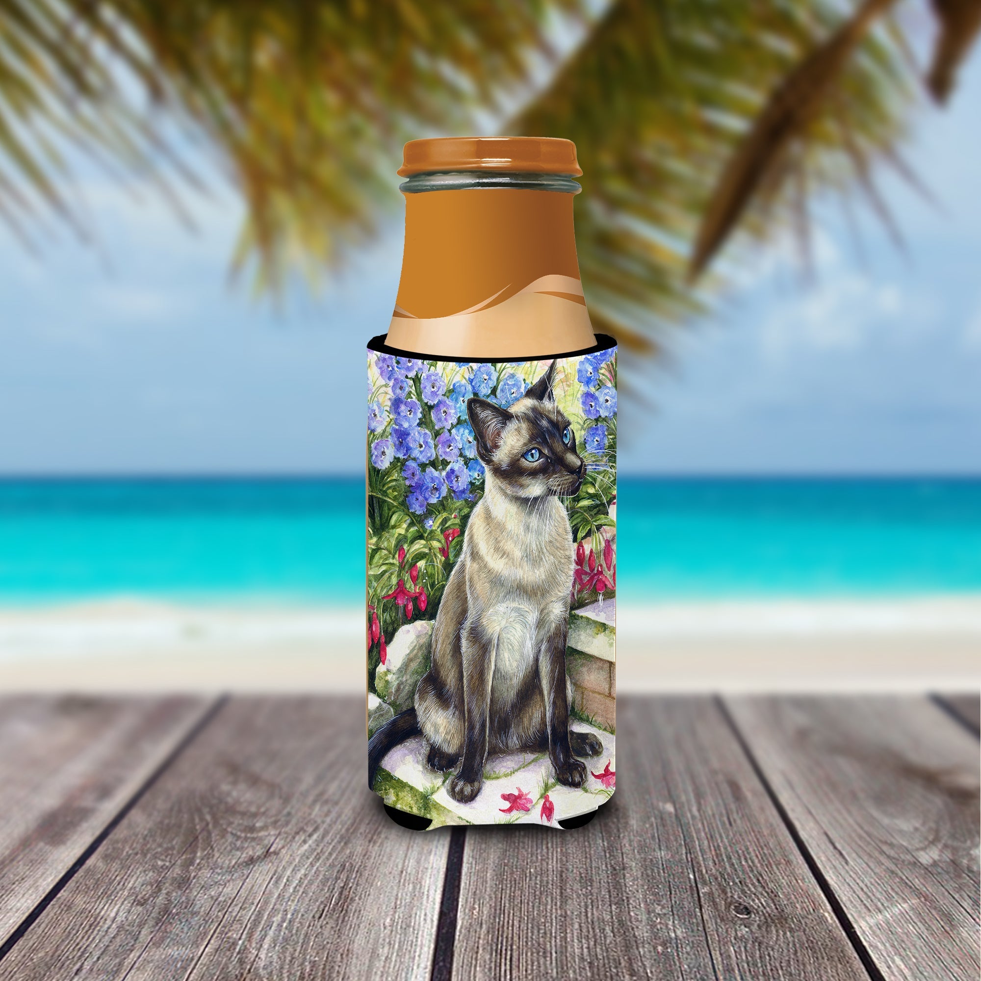 Siamese cat in the Garden Slim Can Hugger , Insulated Foam Hugger for 12 oz Slim Cans, Beer Bottles & Water Bottles, Printed in USA