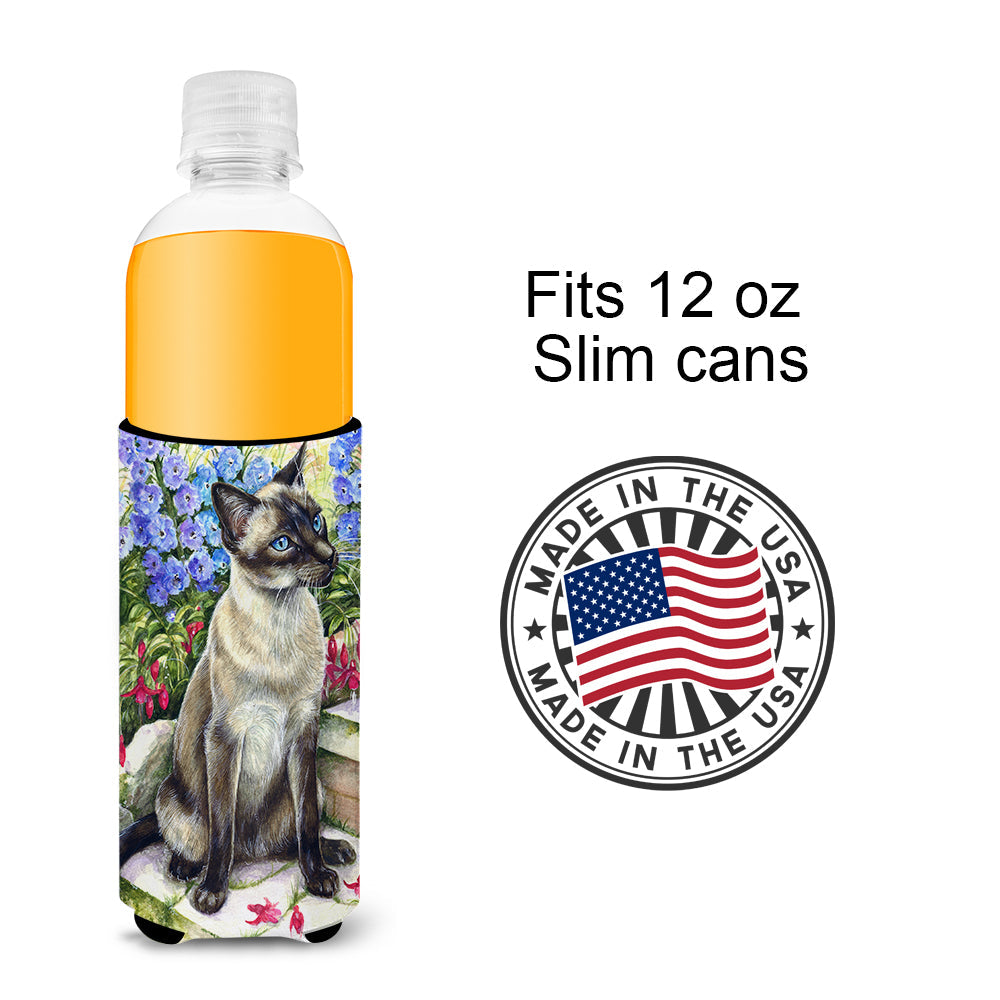 Siamese cat in the Garden Slim Can Hugger , Insulated Foam Hugger for 12 oz Slim Cans, Beer Bottles & Water Bottles, Printed in USA