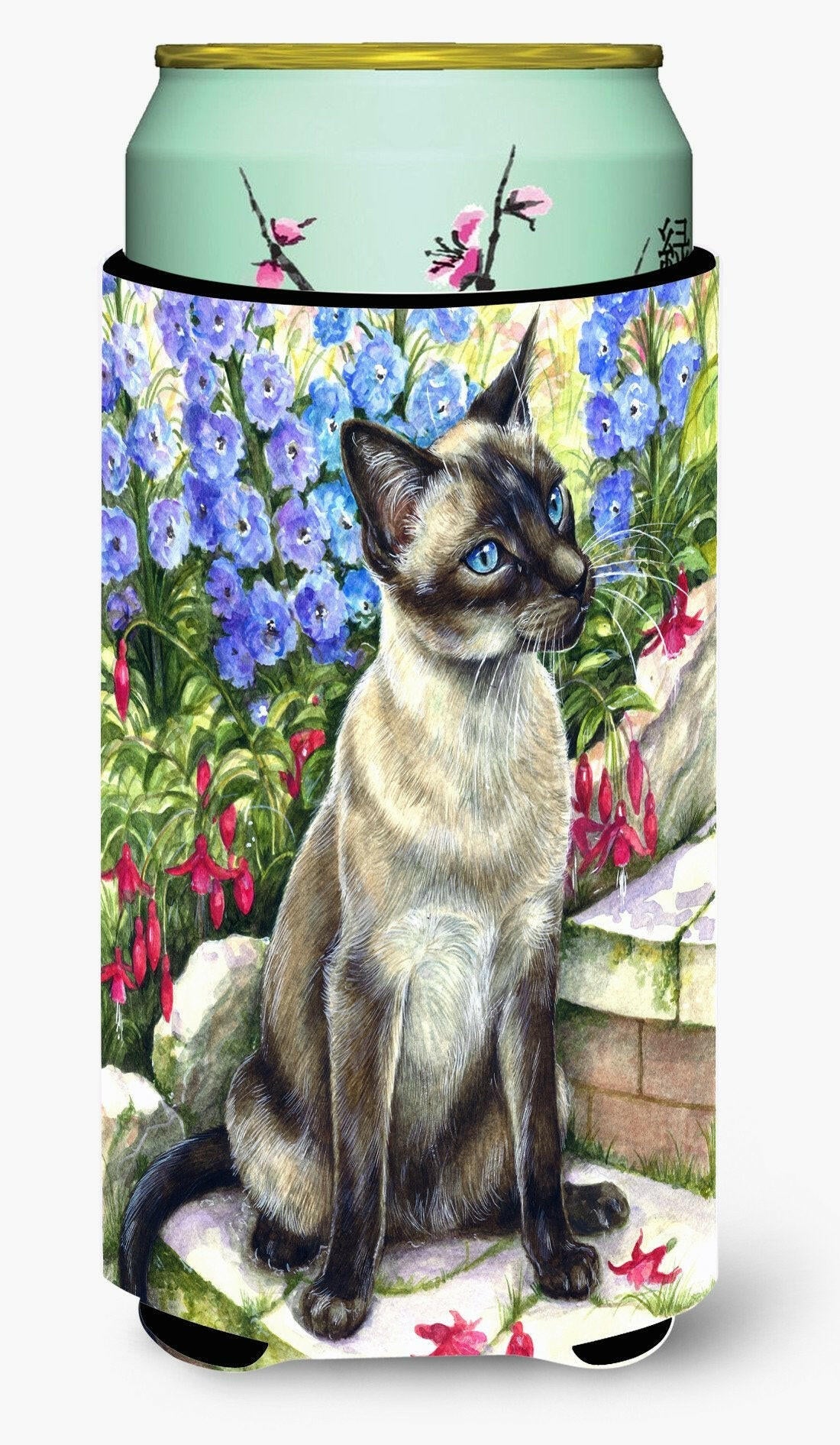Siamese cat in the Garden Tall Boy Hugger Can Cooler Sleeve Machine Washable Drink Collapsible Insulator Beverage Insulated Holder