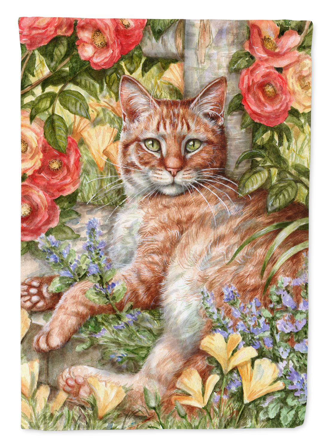 Tabby In The Roses by Debbie Cook House Flag 28x40 Porch Sleeve Pole Decorative Outside Yard Banner Artwork Wall Hanging, Polyester