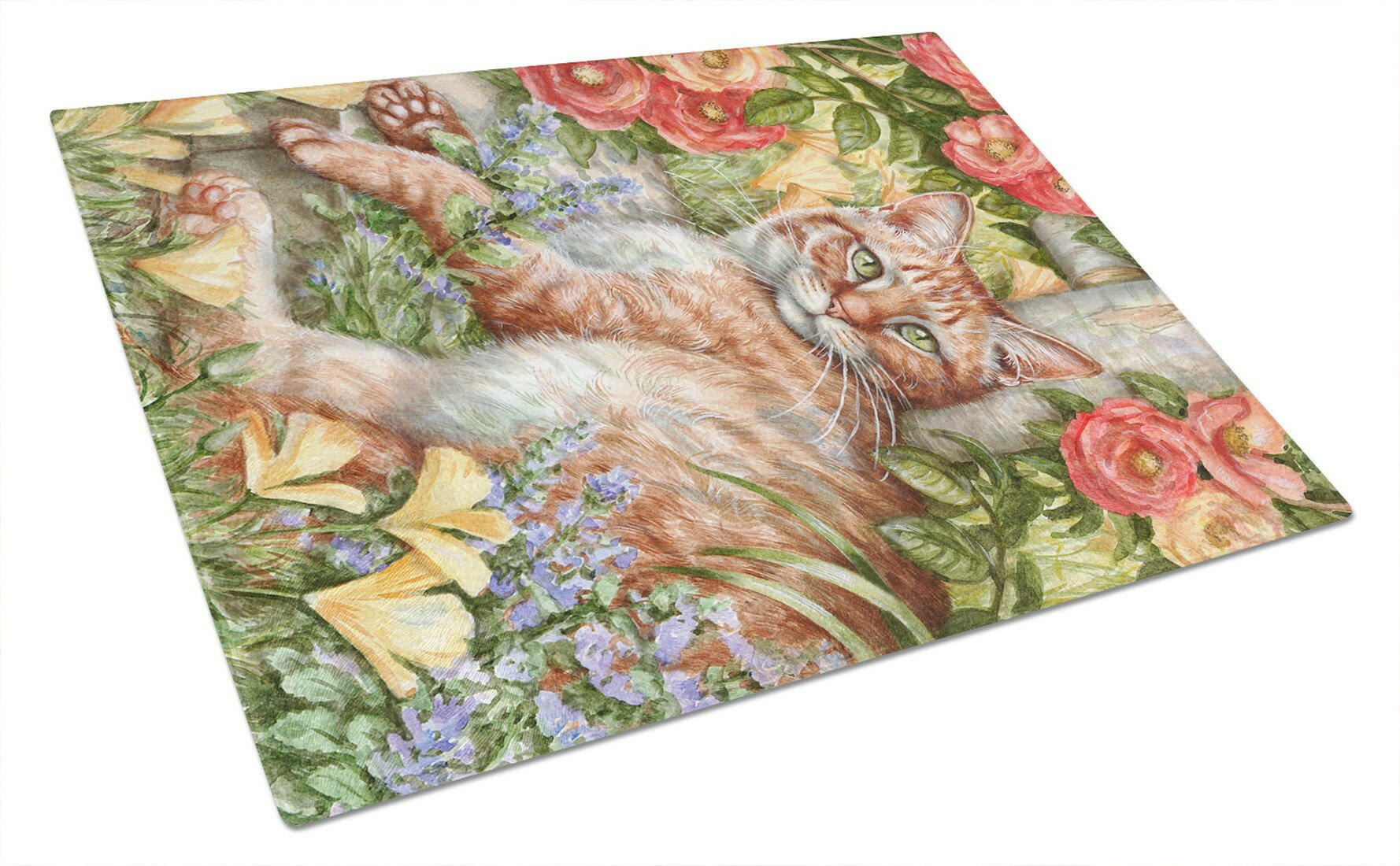 Tabby In The Roses by Debbie Cook Cutting Board Tempered Glass Kitchen Cutting Surface, Heat Resistant Chopping, Non-Slip Feet, Food Prep & Serving