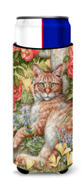 Tabby In The Roses by Debbie Cook Slim Can Hugger , Insulated Foam Hugger for 12 oz Slim Cans, Beer Bottles & Water Bottles, Printed in USA