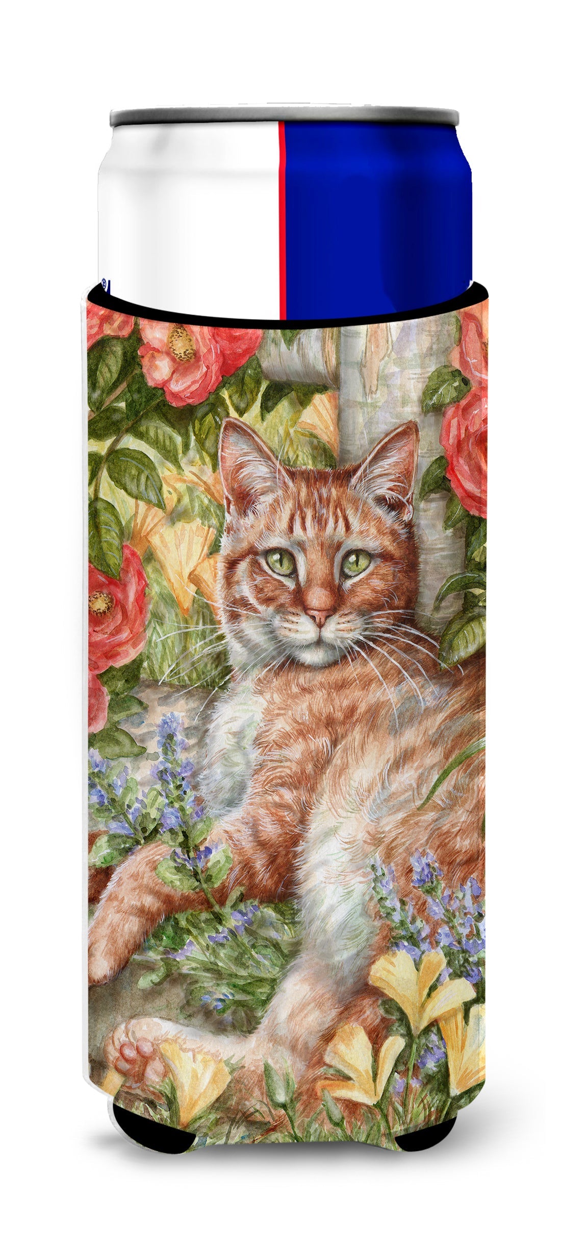 Tabby In The Roses by Debbie Cook Slim Can Hugger , Insulated Foam Hugger for 12 oz Slim Cans, Beer Bottles & Water Bottles, Printed in USA