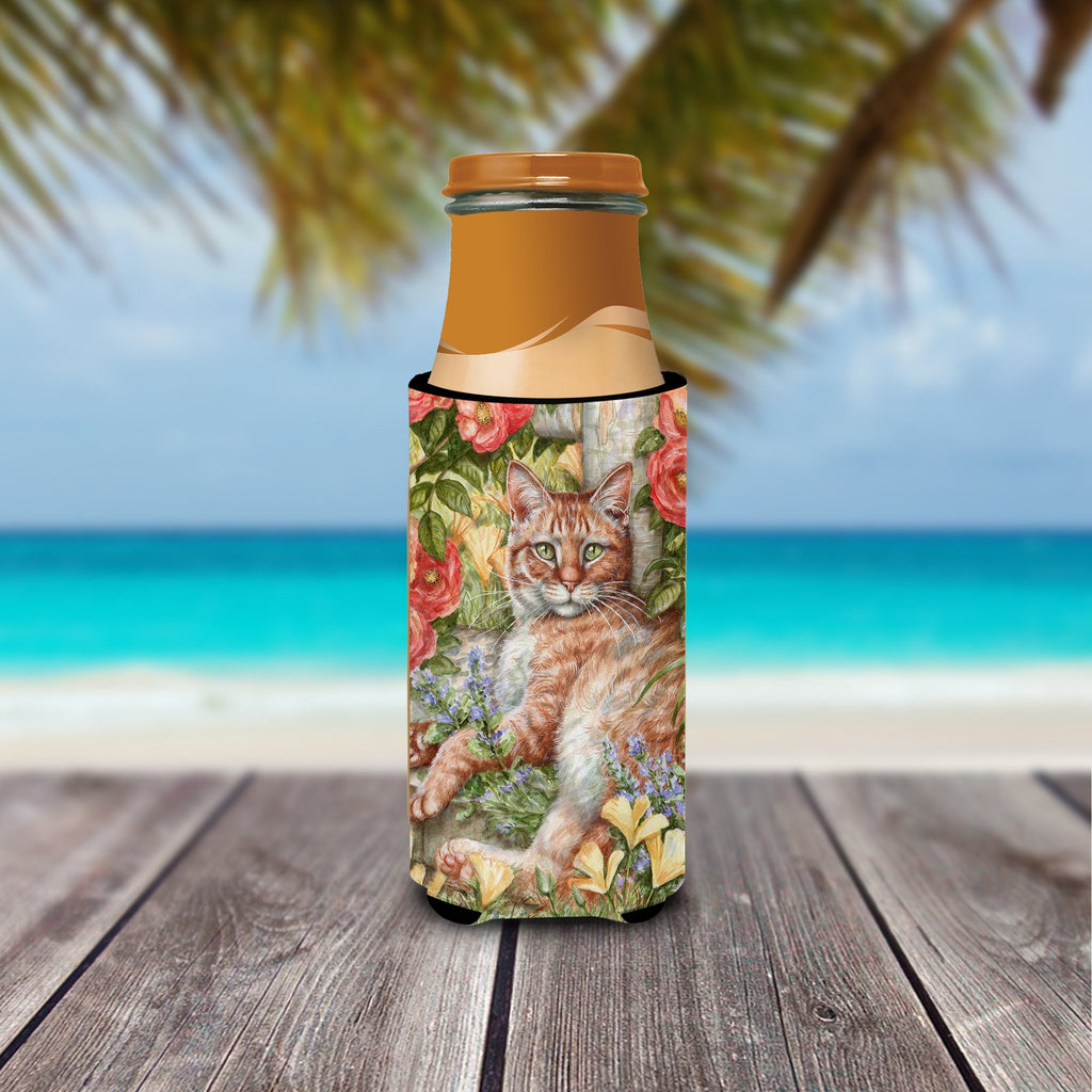 Tabby In The Roses by Debbie Cook Slim Can Hugger , Insulated Foam Hugger for 12 oz Slim Cans, Beer Bottles & Water Bottles, Printed in USA