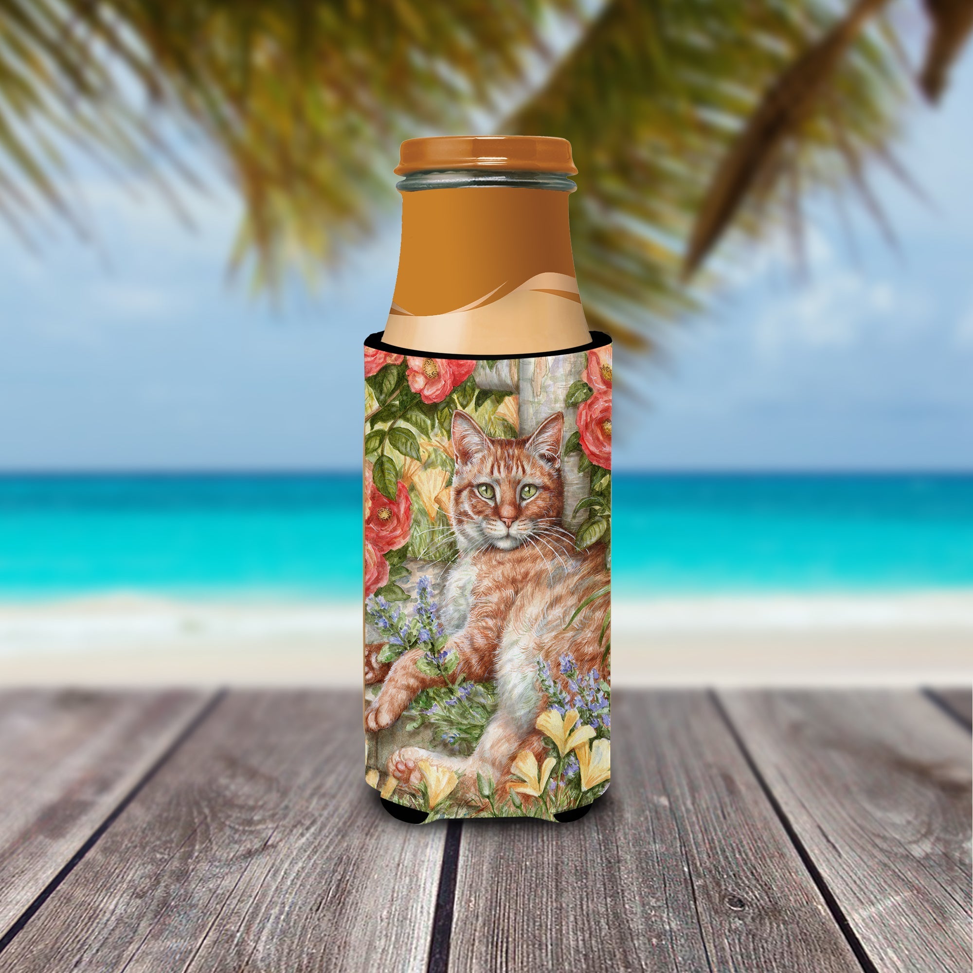 Tabby In The Roses by Debbie Cook Slim Can Hugger , Insulated Foam Hugger for 12 oz Slim Cans, Beer Bottles & Water Bottles, Printed in USA