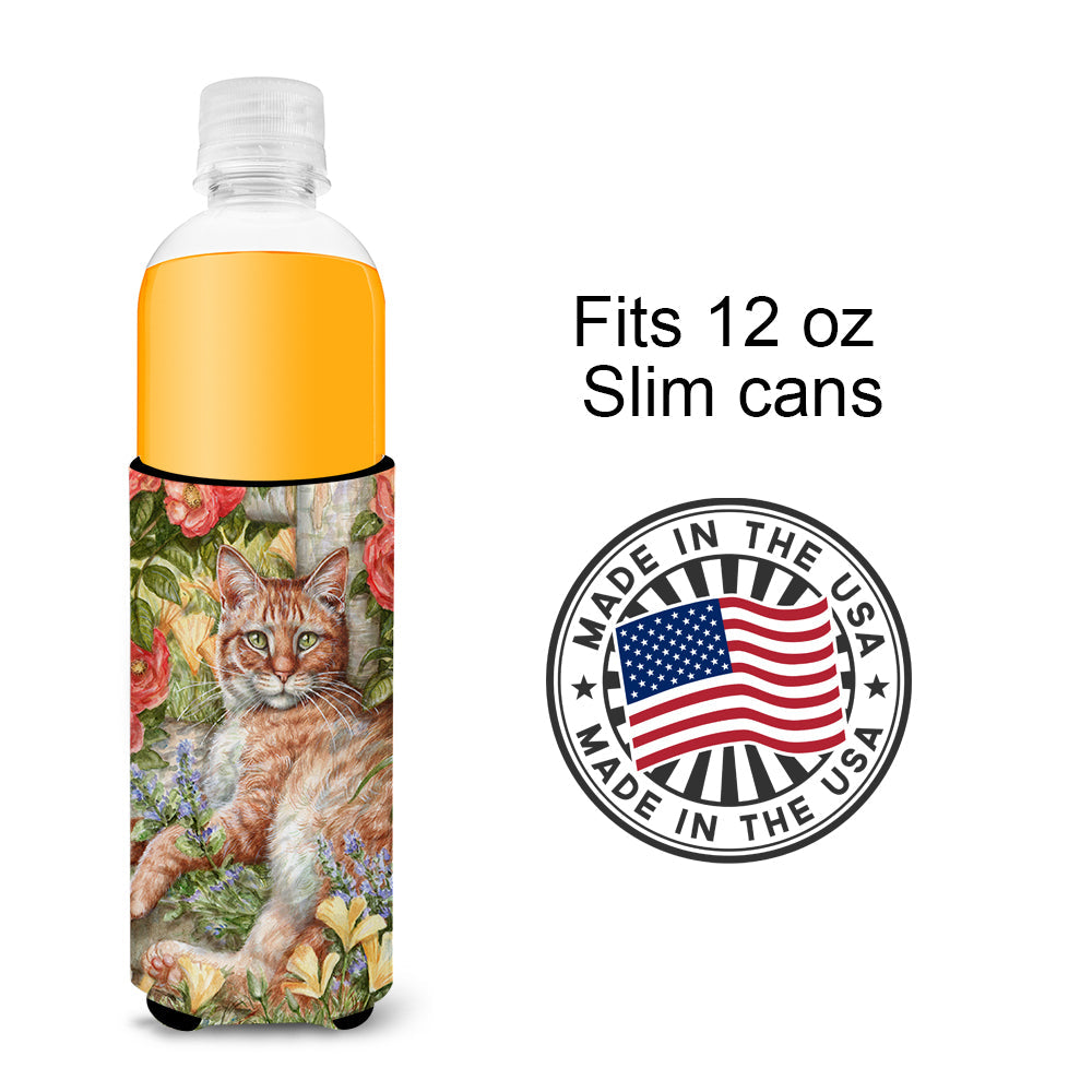 Tabby In The Roses by Debbie Cook Slim Can Hugger , Insulated Foam Hugger for 12 oz Slim Cans, Beer Bottles & Water Bottles, Printed in USA