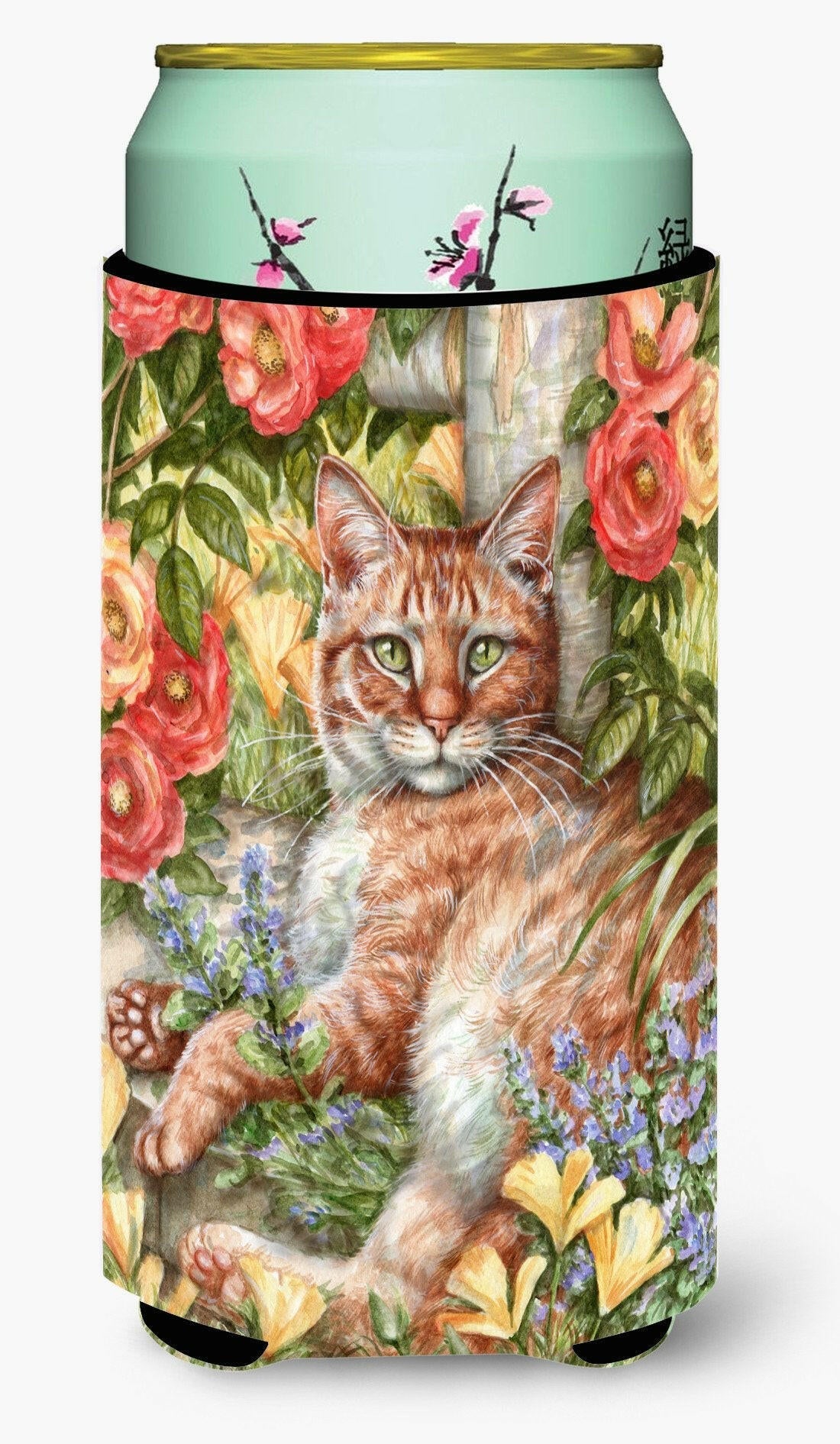 Tabby In The Roses by Debbie Cook Tall Boy Hugger Can Cooler Sleeve Machine Washable Drink Collapsible Insulator Beverage Insulated Holder