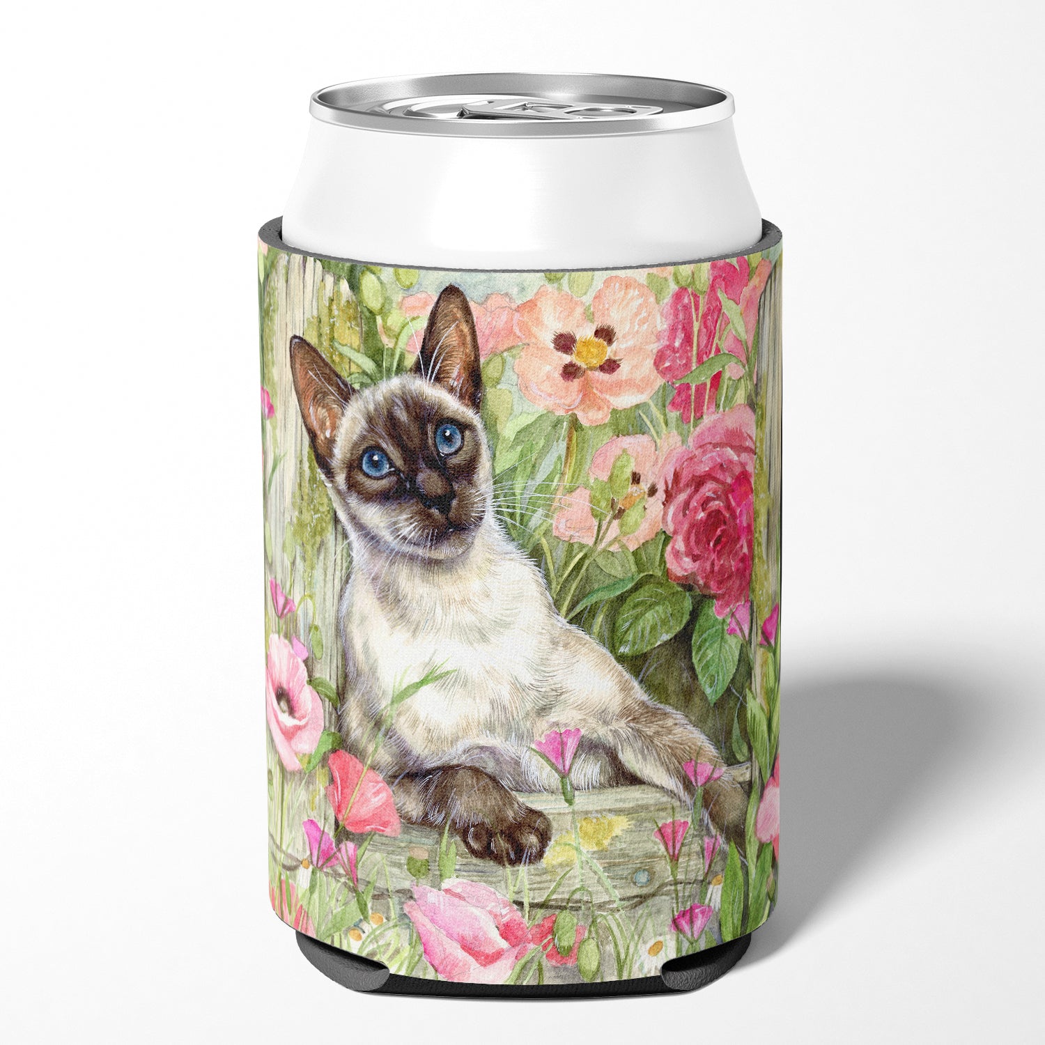 Siamese cat in the Roses Can or Bottle Hugger Cooler Sleeve for Standard 12 oz Cans, Insulated Foam Beer & Soda Can Hugger Reusable
