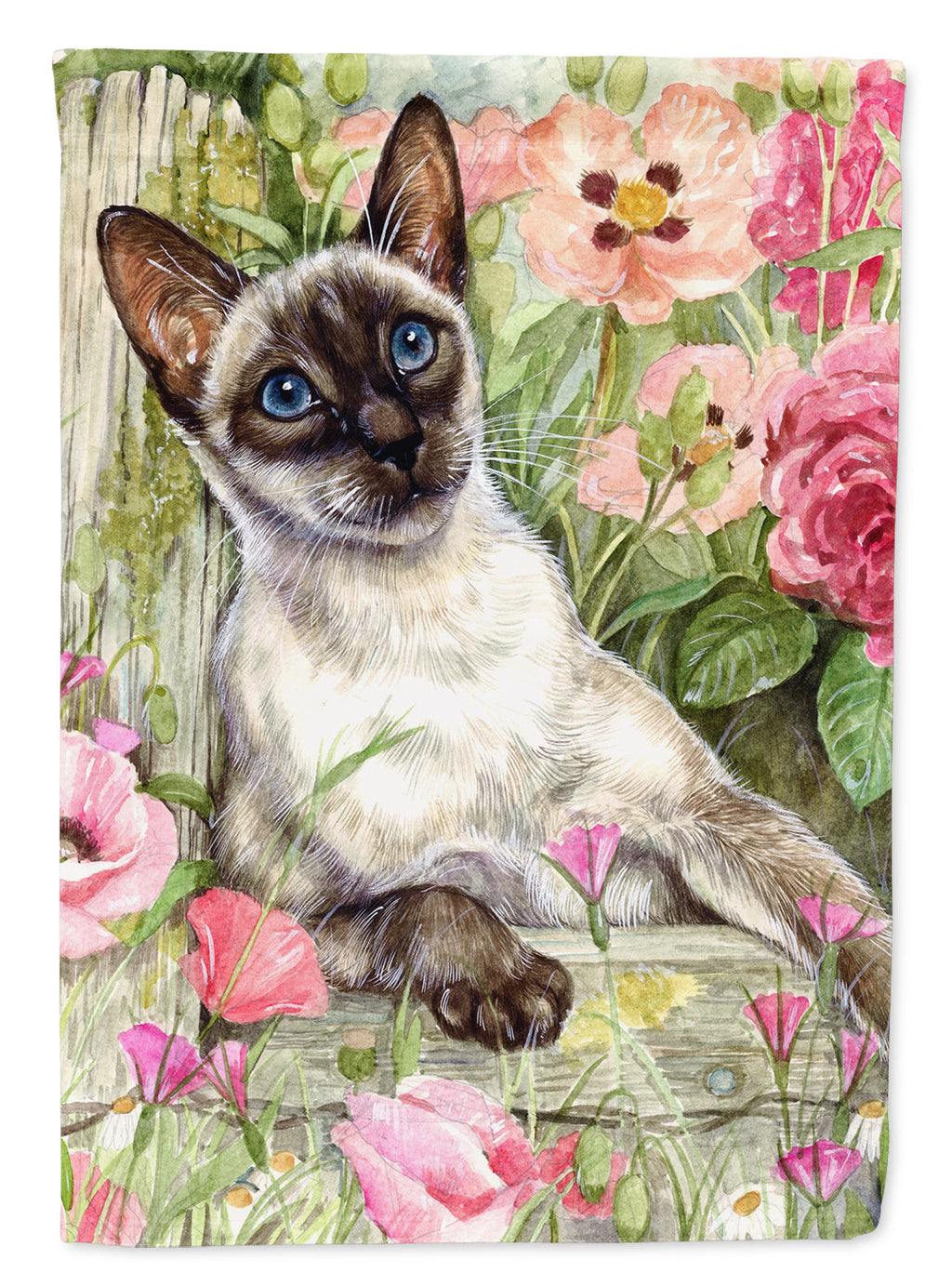 Siamese cat in the Roses House Flag 28x40 Porch Sleeve Pole Decorative Outside Yard Banner Artwork Wall Hanging, Polyester