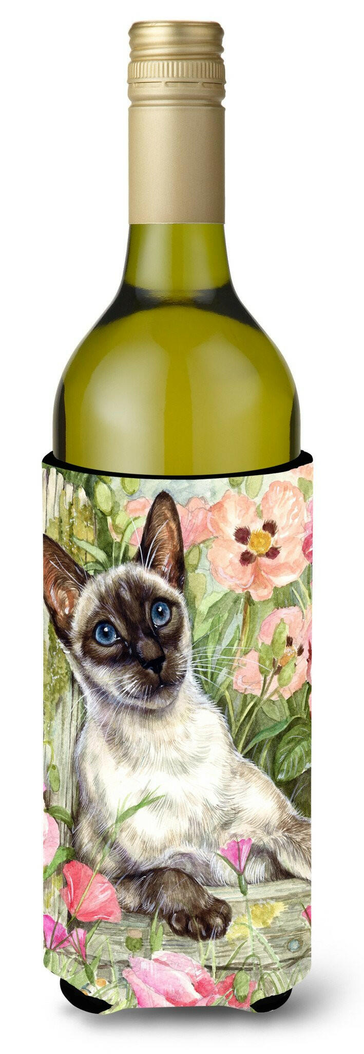 Siamese cat in the Roses Wine Bottle Hugger Gift Sleeve for Standard 750 ml Bottles, Insulated Reusable Also Fits Mini Shot & Pint Bottles