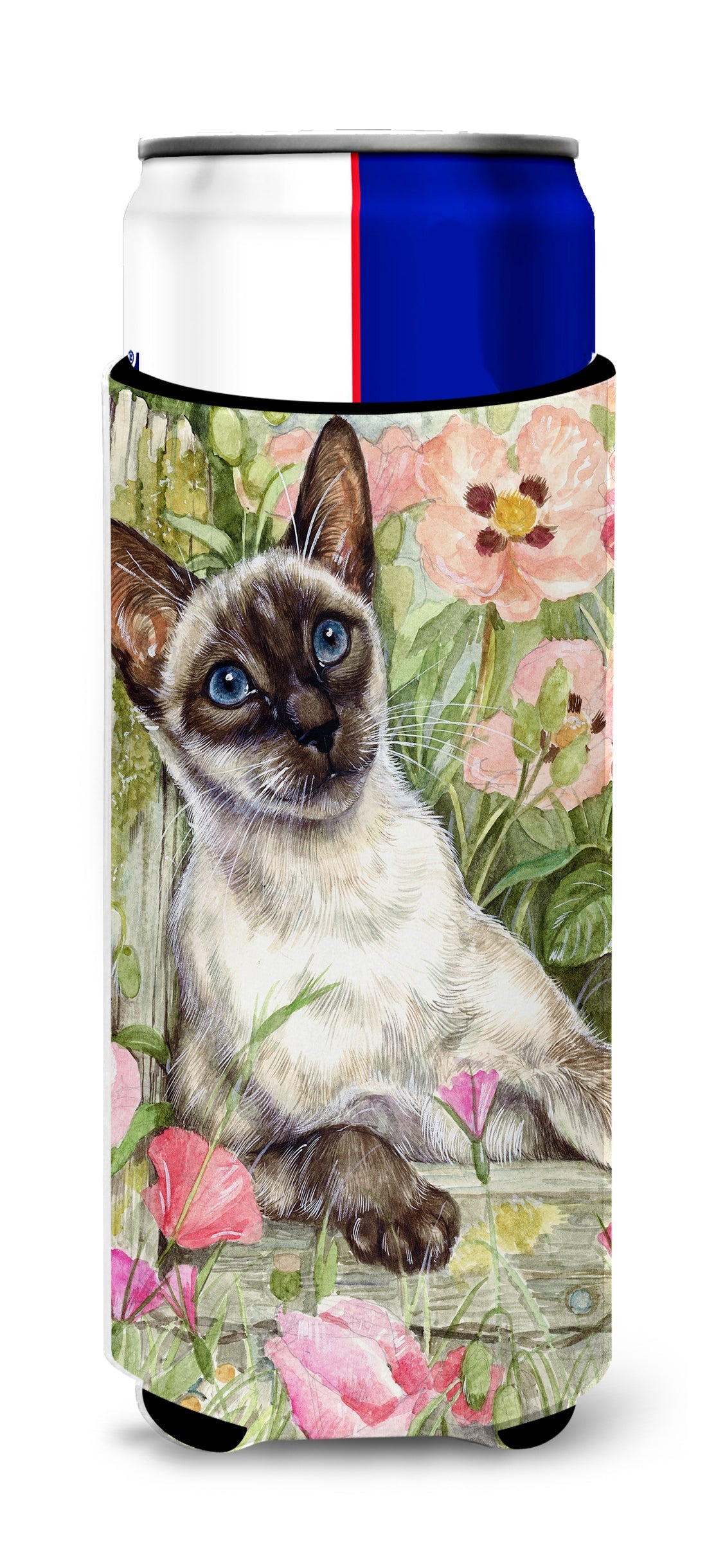 Siamese cat in the Roses Slim Can Hugger , Insulated Foam Hugger for 12 oz Slim Cans, Beer Bottles & Water Bottles, Printed in USA