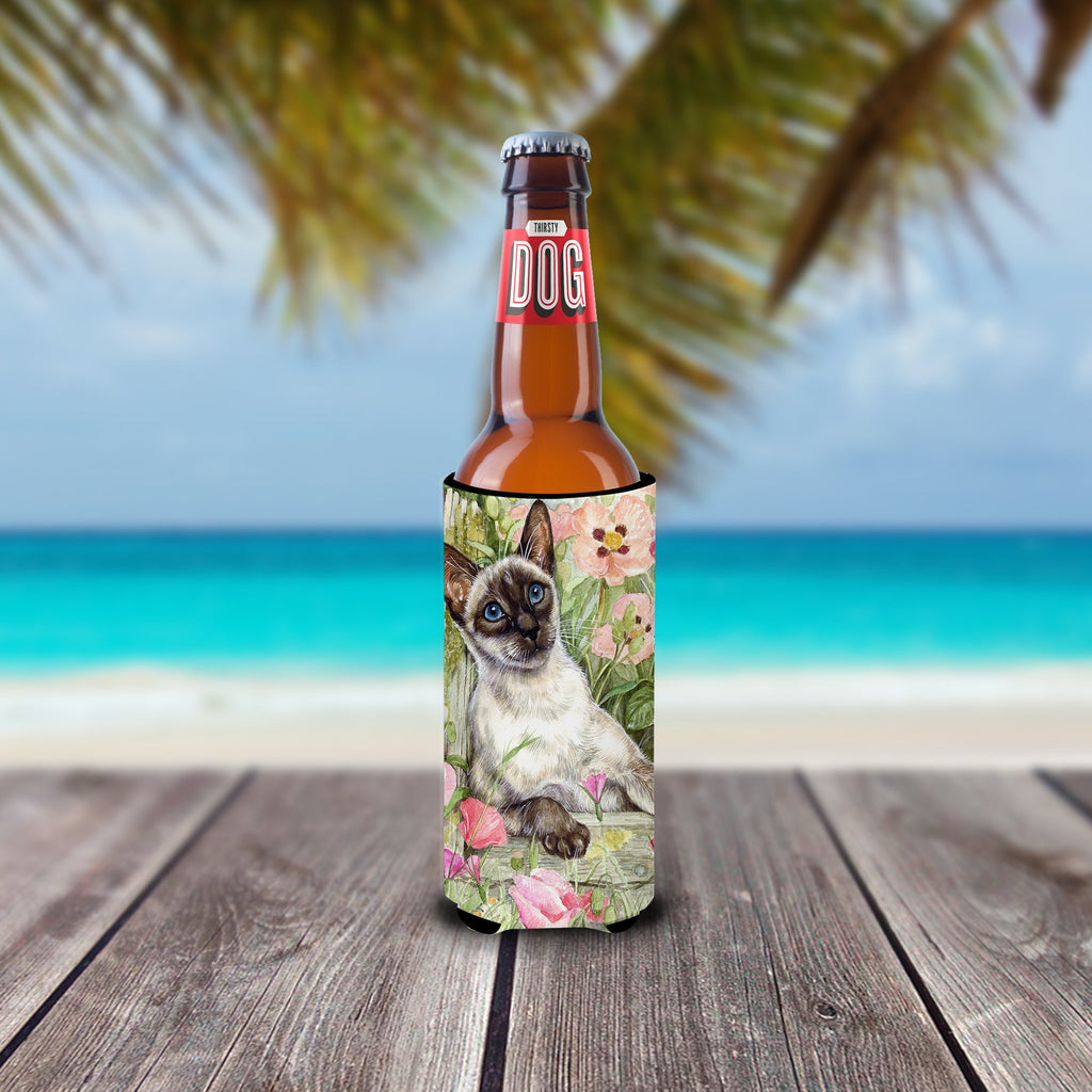 Siamese cat in the Roses Slim Can Hugger , Insulated Foam Hugger for 12 oz Slim Cans, Beer Bottles & Water Bottles, Printed in USA