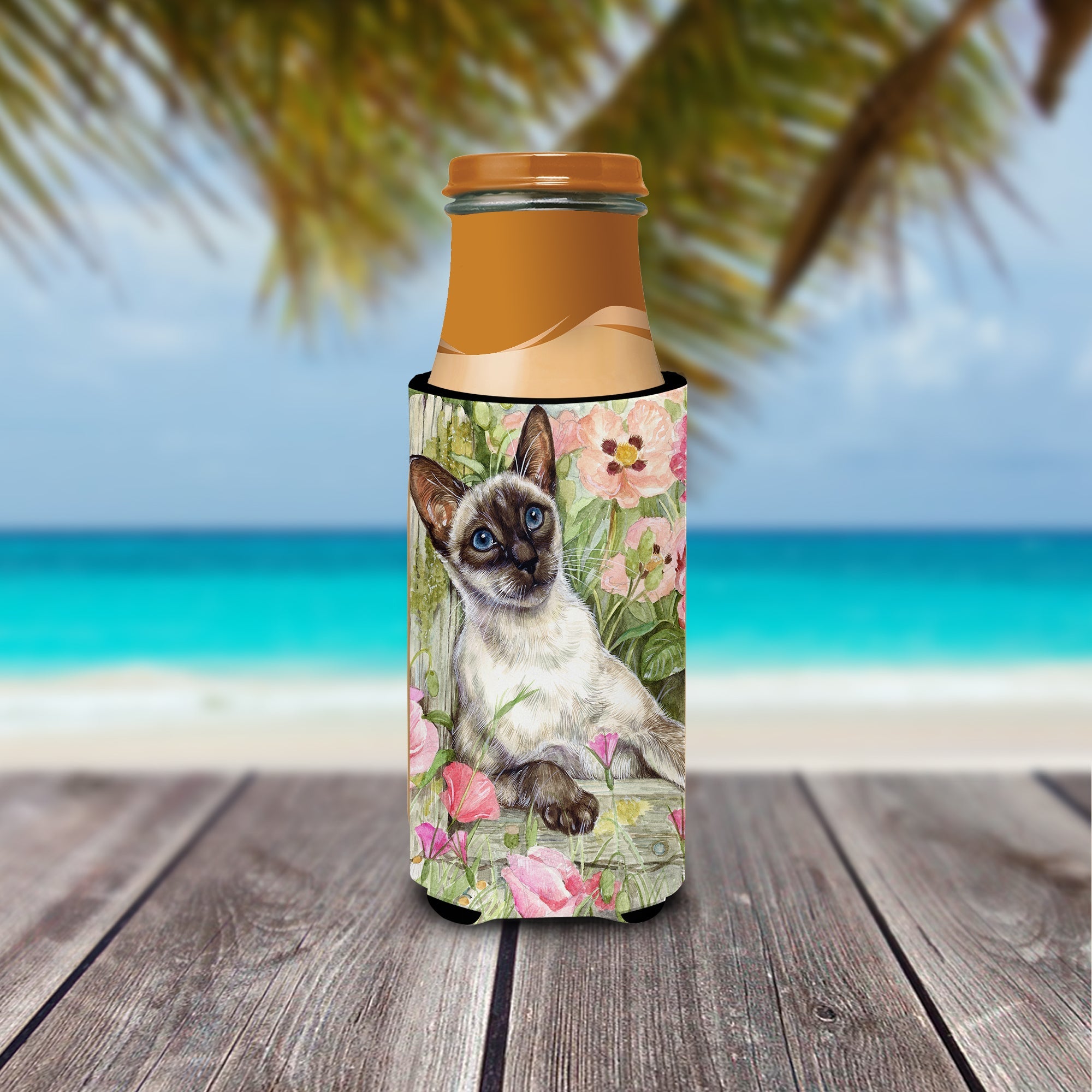 Siamese cat in the Roses Slim Can Hugger , Insulated Foam Hugger for 12 oz Slim Cans, Beer Bottles & Water Bottles, Printed in USA
