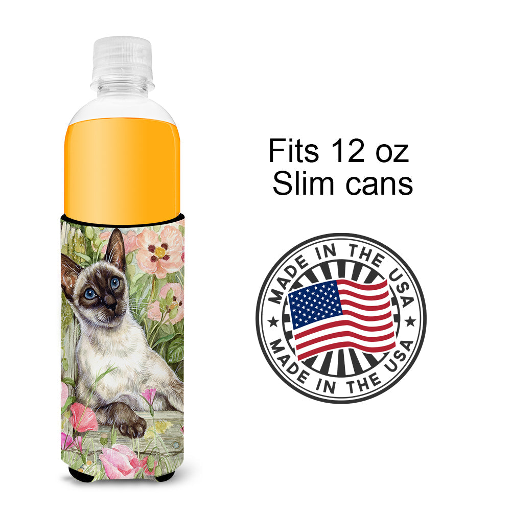 Siamese cat in the Roses Slim Can Hugger , Insulated Foam Hugger for 12 oz Slim Cans, Beer Bottles & Water Bottles, Printed in USA