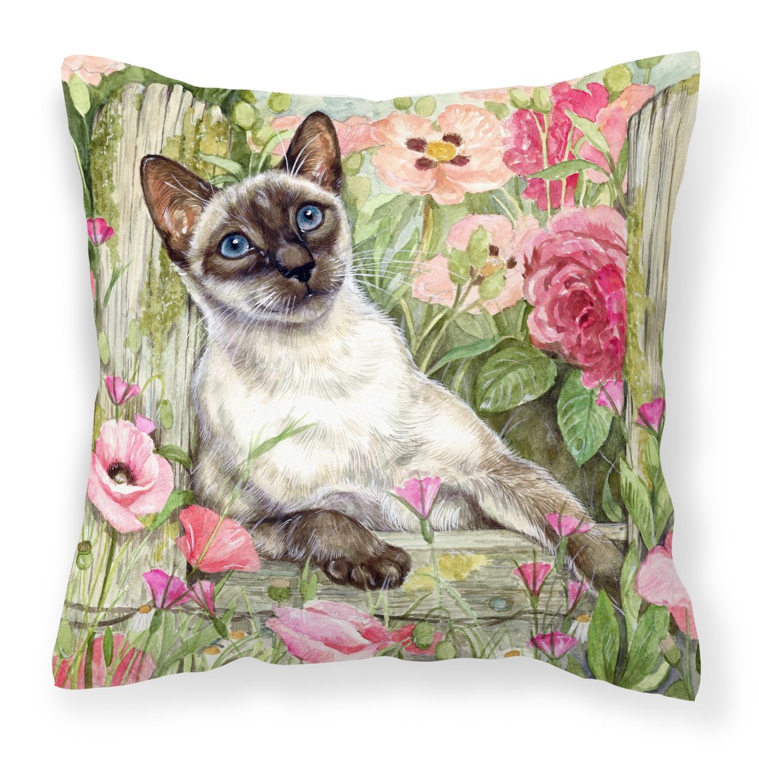 Siamese cat in the Roses Decorative Throw Pillow 18x18 Indoor Outdoor Accent Cushion, Fabric Cover with Insert for Sofa, Bed, Porch & Living Room