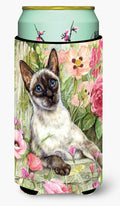 Siamese cat in the Roses Tall Boy Hugger Can Cooler Sleeve Machine Washable Drink Collapsible Insulator Beverage Insulated Holder