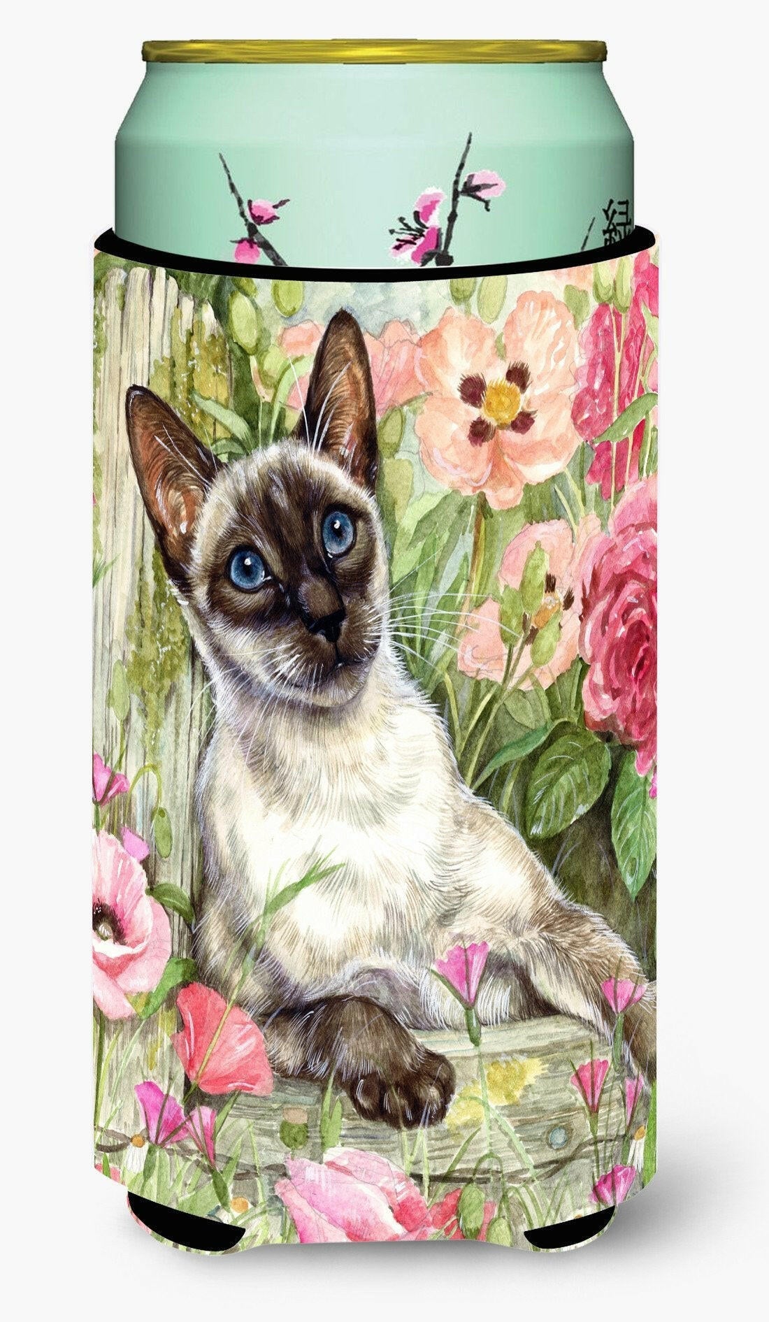 Siamese cat in the Roses Tall Boy Hugger Can Cooler Sleeve Machine Washable Drink Collapsible Insulator Beverage Insulated Holder