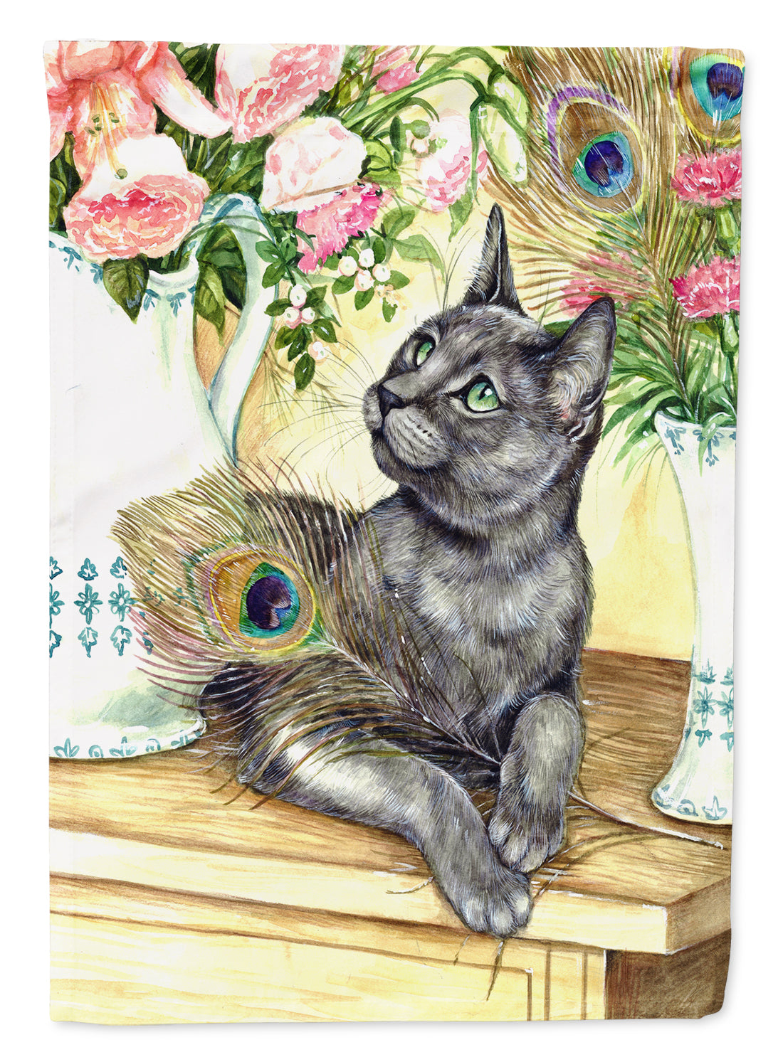 Cat and Peacock Feathers House Flag 28x40 Porch Sleeve Pole Decorative Outside Yard Banner Artwork Wall Hanging, Polyester