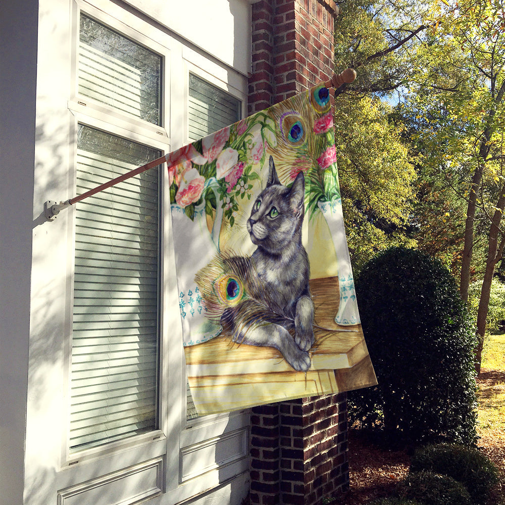 Cat and Peacock Feathers House Flag 28x40 Porch Sleeve Pole Decorative Outside Yard Banner Artwork Wall Hanging, Polyester