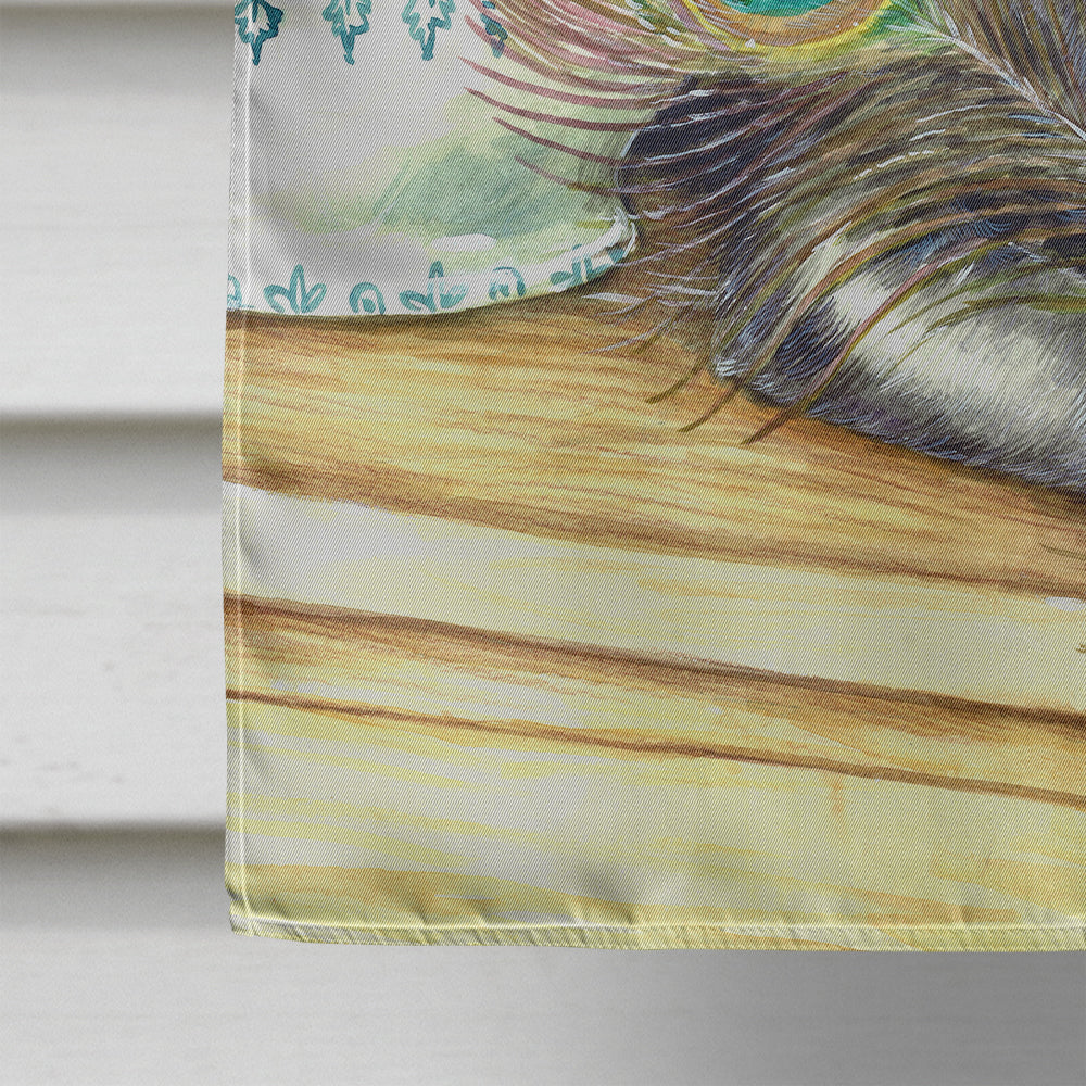 Cat and Peacock Feathers House Flag 28x40 Porch Sleeve Pole Decorative Outside Yard Banner Artwork Wall Hanging, Polyester