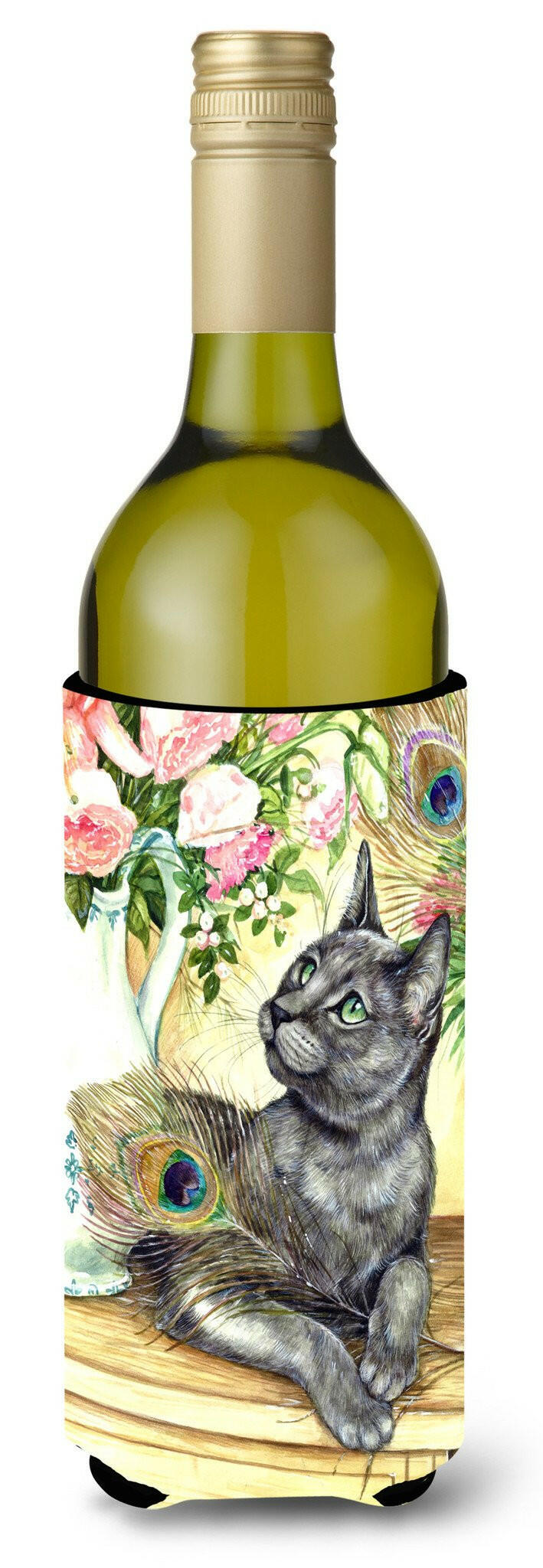 Cat and Peacock Feathers Wine Bottle Hugger Gift Sleeve for Standard 750 ml Bottles, Insulated Reusable Also Fits Mini Shot & Pint Bottles