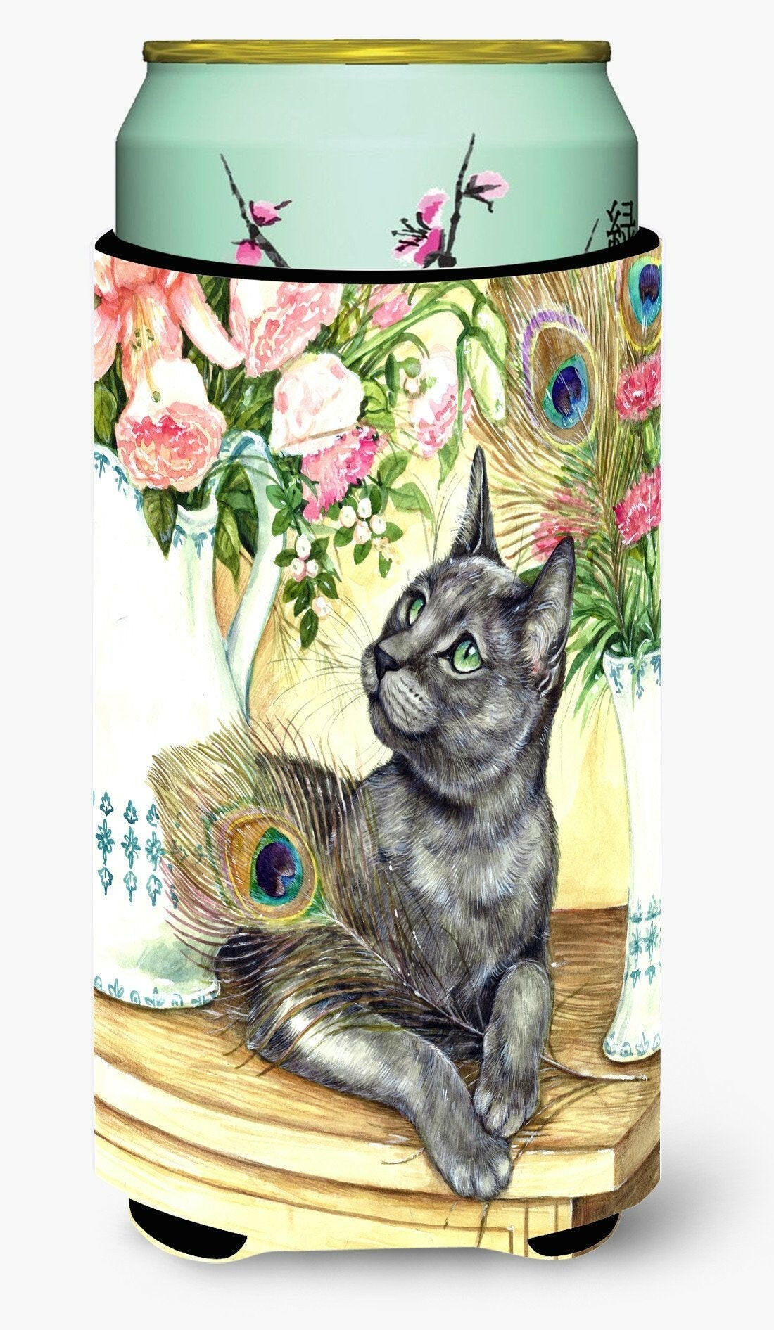 Cat and Peacock Feathers Tall Boy Hugger Can Cooler Sleeve Machine Washable Drink Collapsible Insulator Beverage Insulated Holder