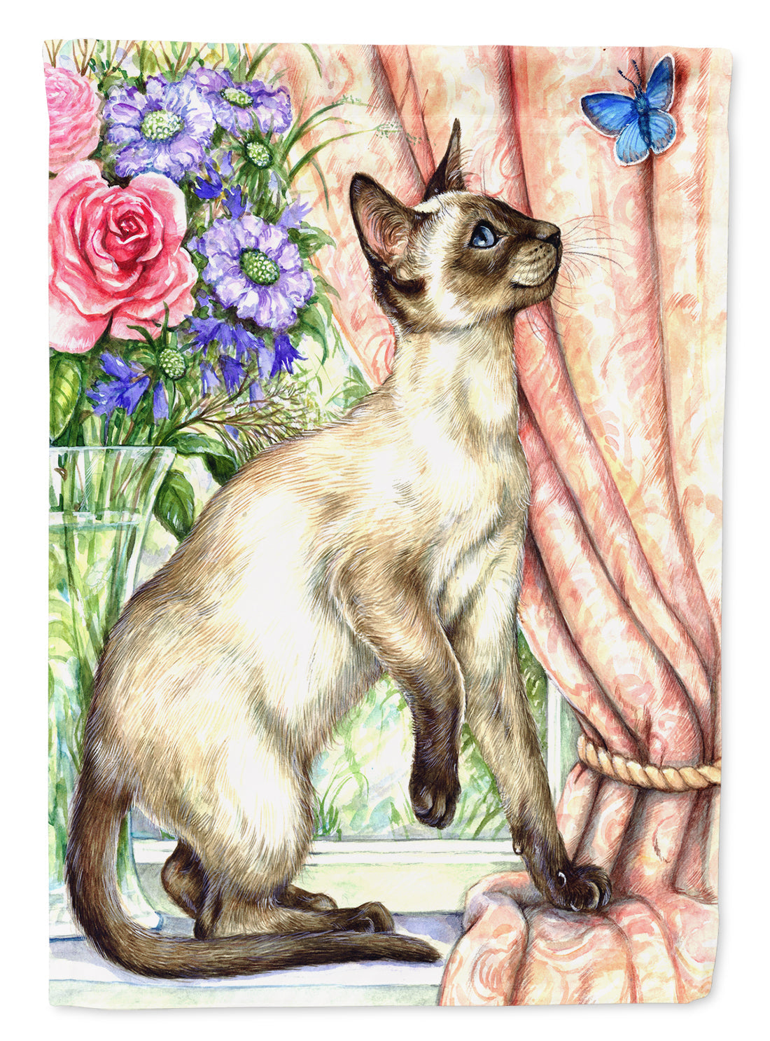 Siamese cat with Butterfly House Flag 28x40 Porch Sleeve Pole Decorative Outside Yard Banner Artwork Wall Hanging, Polyester