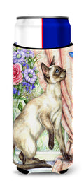 Siamese cat with Butterfly Slim Can Hugger , Insulated Foam Hugger for 12 oz Slim Cans, Beer Bottles & Water Bottles, Printed in USA