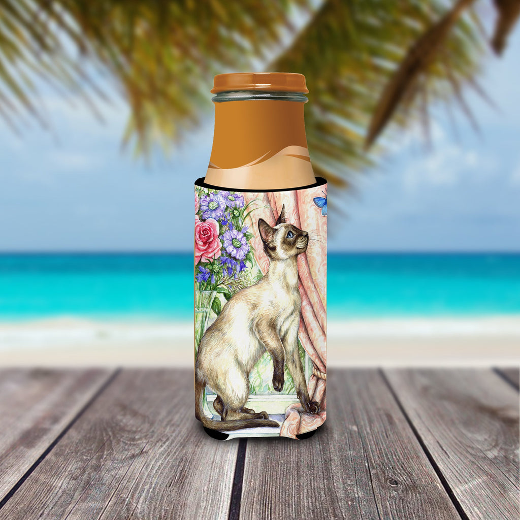 Siamese cat with Butterfly Slim Can Hugger , Insulated Foam Hugger for 12 oz Slim Cans, Beer Bottles & Water Bottles, Printed in USA