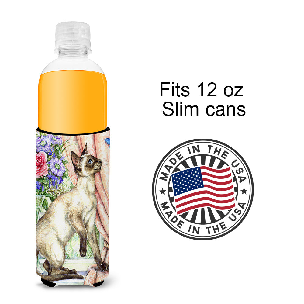 Siamese cat with Butterfly Slim Can Hugger , Insulated Foam Hugger for 12 oz Slim Cans, Beer Bottles & Water Bottles, Printed in USA