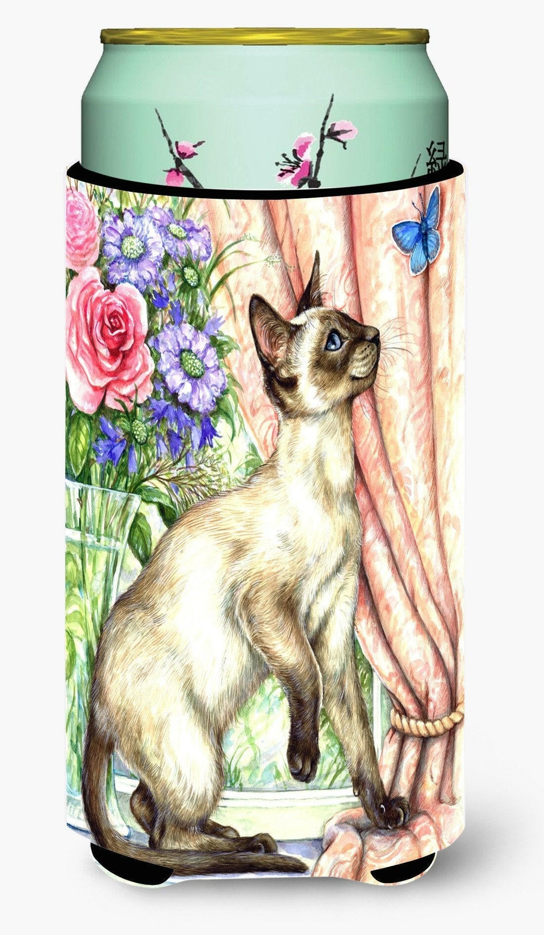 Siamese cat with Butterfly Tall Boy Hugger Can Cooler Sleeve Machine Washable Drink Collapsible Insulator Beverage Insulated Holder