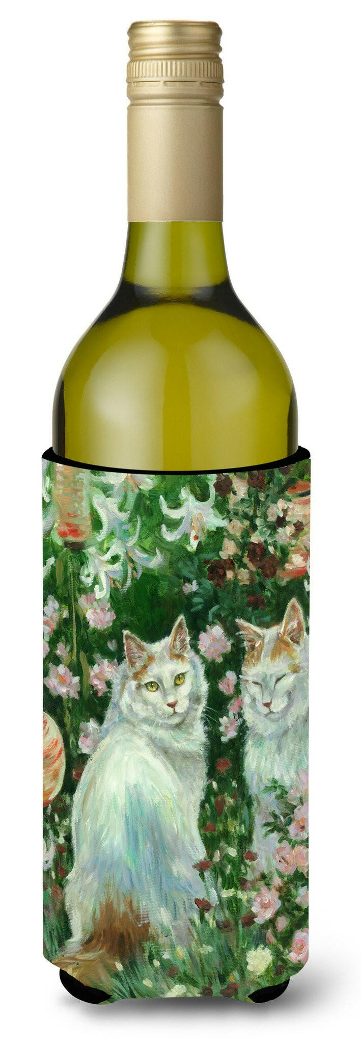 Cats In Garden by Debbie Cook Wine Bottle Hugger Gift Sleeve for Standard 750 ml Bottles, Insulated Reusable Also Fits Mini Shot & Pint Bottles