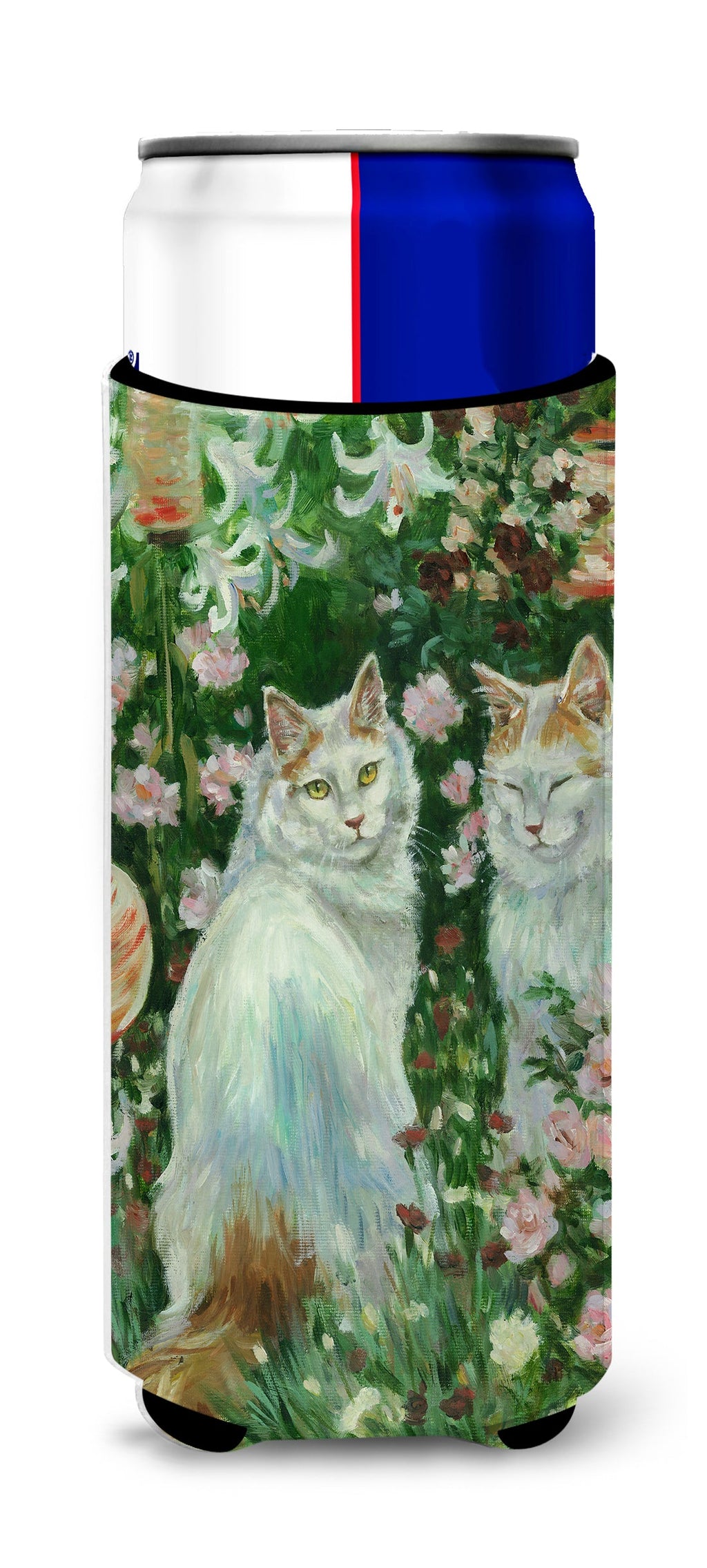 Cats In Garden by Debbie Cook Slim Can Hugger , Insulated Foam Hugger for 12 oz Slim Cans, Beer Bottles & Water Bottles, Printed in USA