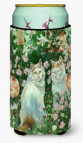 Cats In Garden by Debbie Cook Tall Boy Hugger Can Cooler Sleeve Machine Washable Drink Collapsible Insulator Beverage Insulated Holder