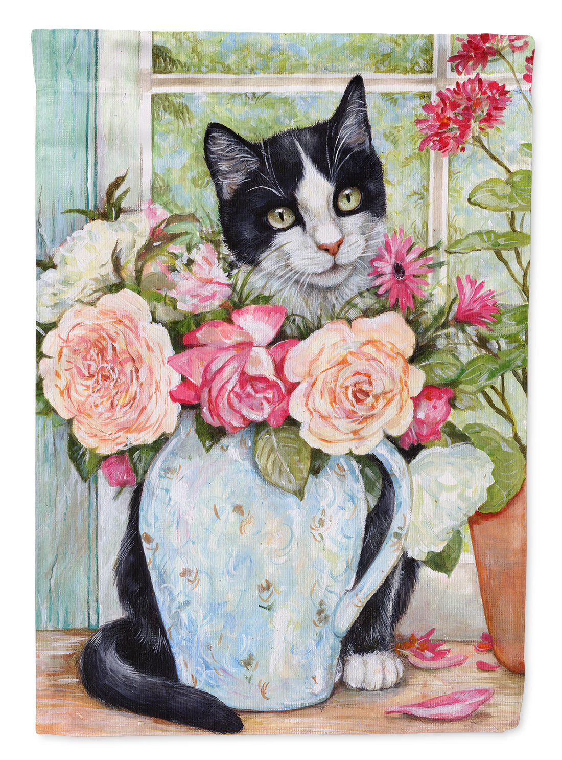 Black and White Rose Cat House Flag 28x40 Porch Sleeve Pole Decorative Outside Yard Banner Artwork Wall Hanging, Polyester