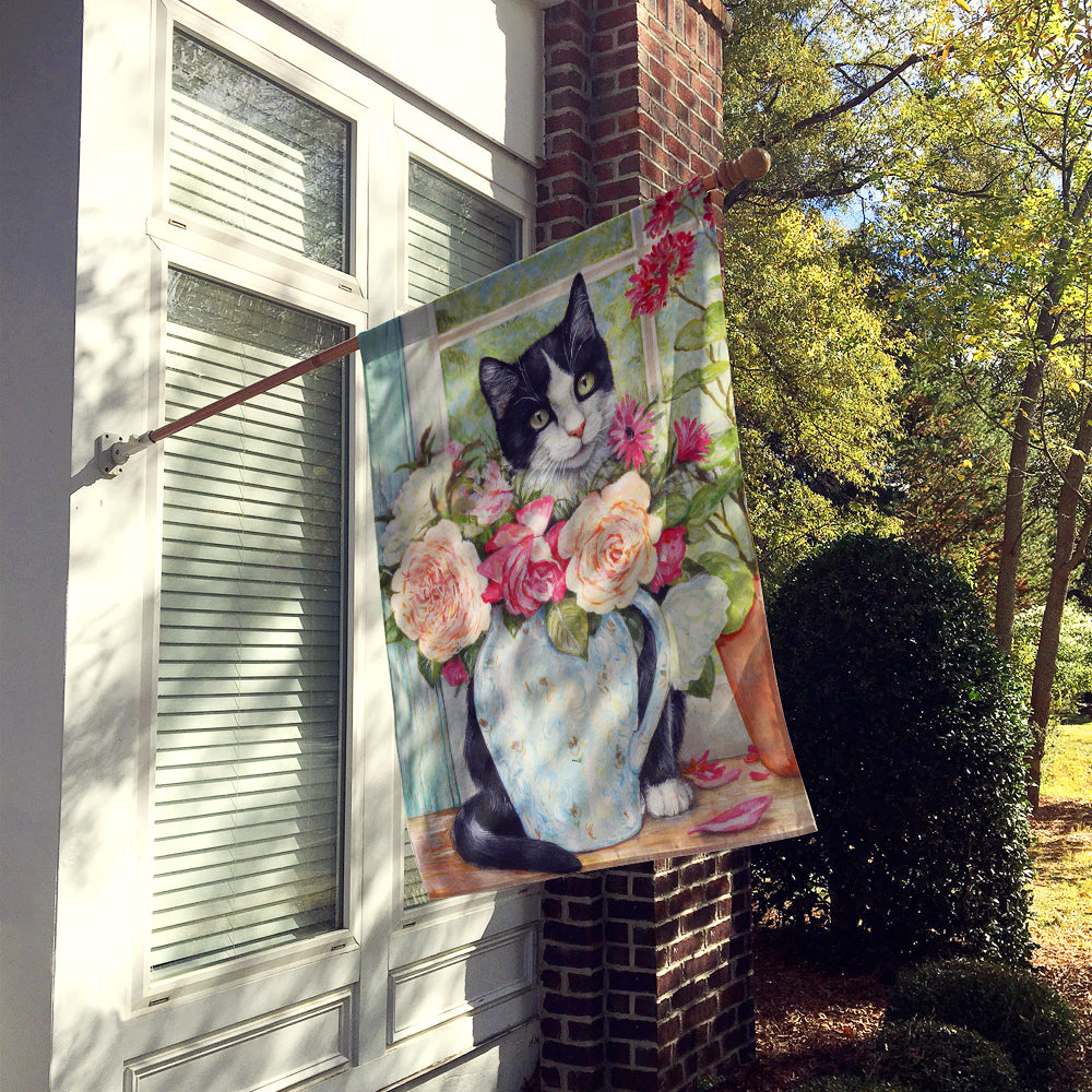 Black and White Rose Cat House Flag 28x40 Porch Sleeve Pole Decorative Outside Yard Banner Artwork Wall Hanging, Polyester