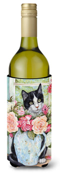 Black and White Rose Cat Wine Bottle Hugger Gift Sleeve for Standard 750 ml Bottles, Insulated Reusable Also Fits Mini Shot & Pint Bottles