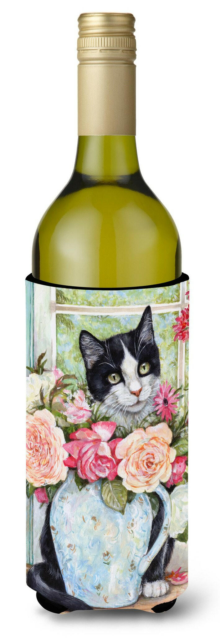Black and White Rose Cat Wine Bottle Hugger Gift Sleeve for Standard 750 ml Bottles, Insulated Reusable Also Fits Mini Shot & Pint Bottles