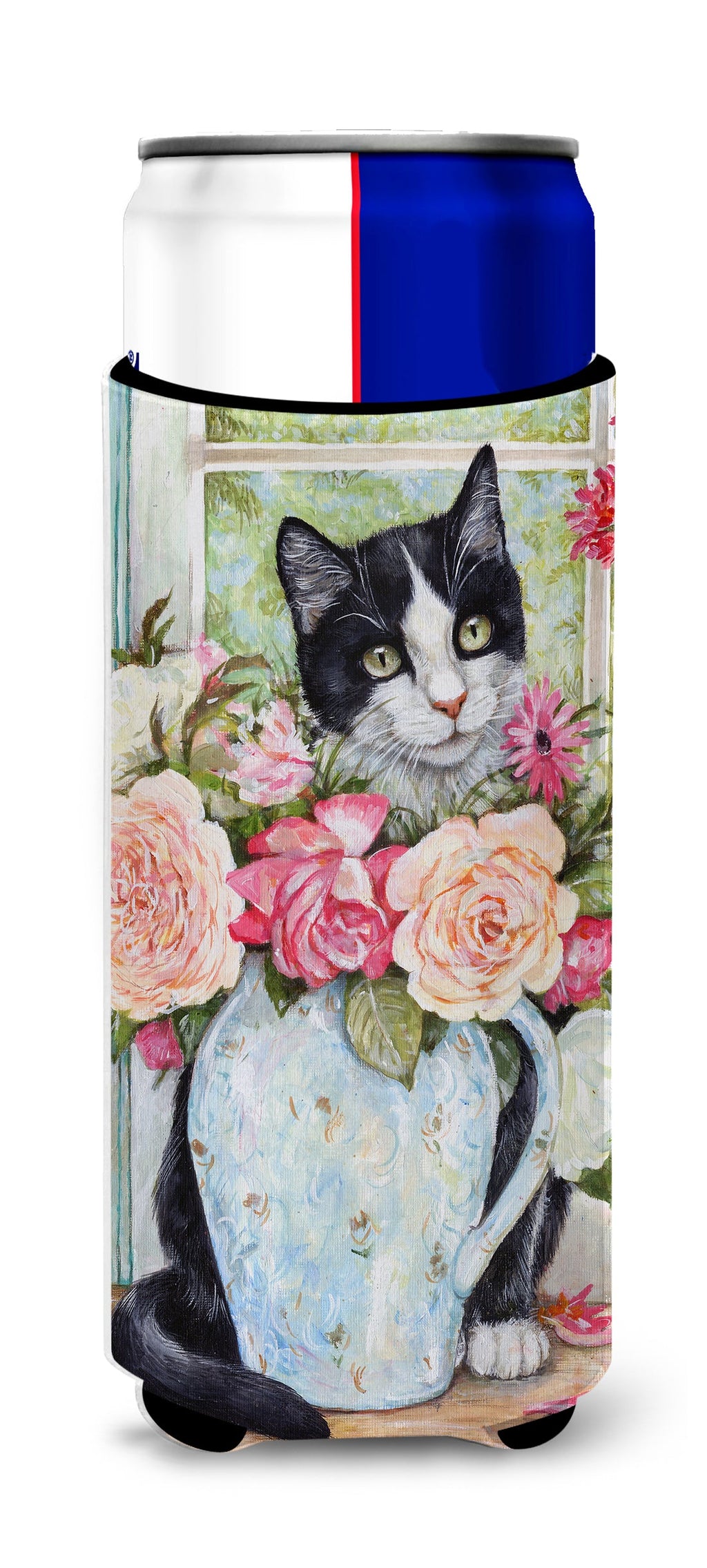 Black and White Rose Cat Slim Can Hugger , Insulated Foam Hugger for 12 oz Slim Cans, Beer Bottles & Water Bottles, Printed in USA
