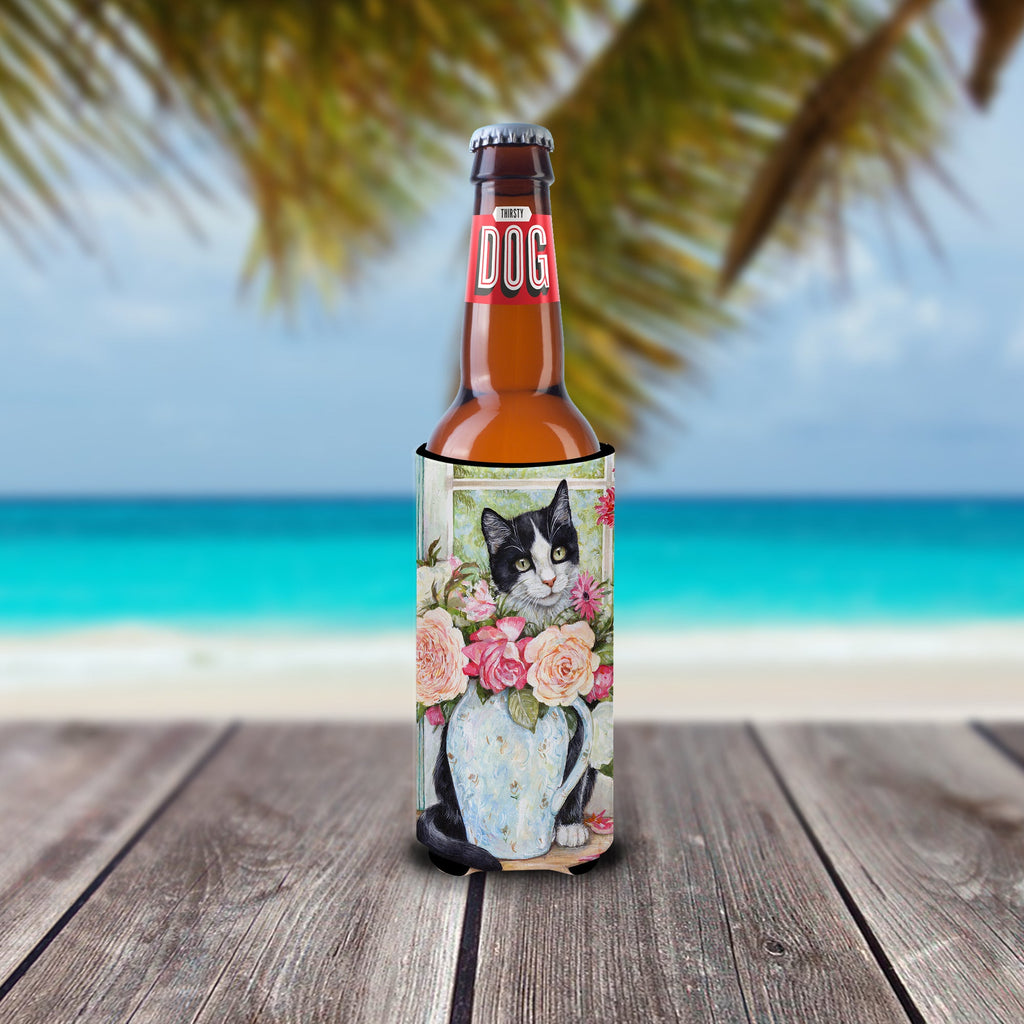 Black and White Rose Cat Slim Can Hugger , Insulated Foam Hugger for 12 oz Slim Cans, Beer Bottles & Water Bottles, Printed in USA