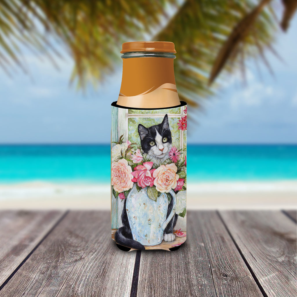 Black and White Rose Cat Slim Can Hugger , Insulated Foam Hugger for 12 oz Slim Cans, Beer Bottles & Water Bottles, Printed in USA