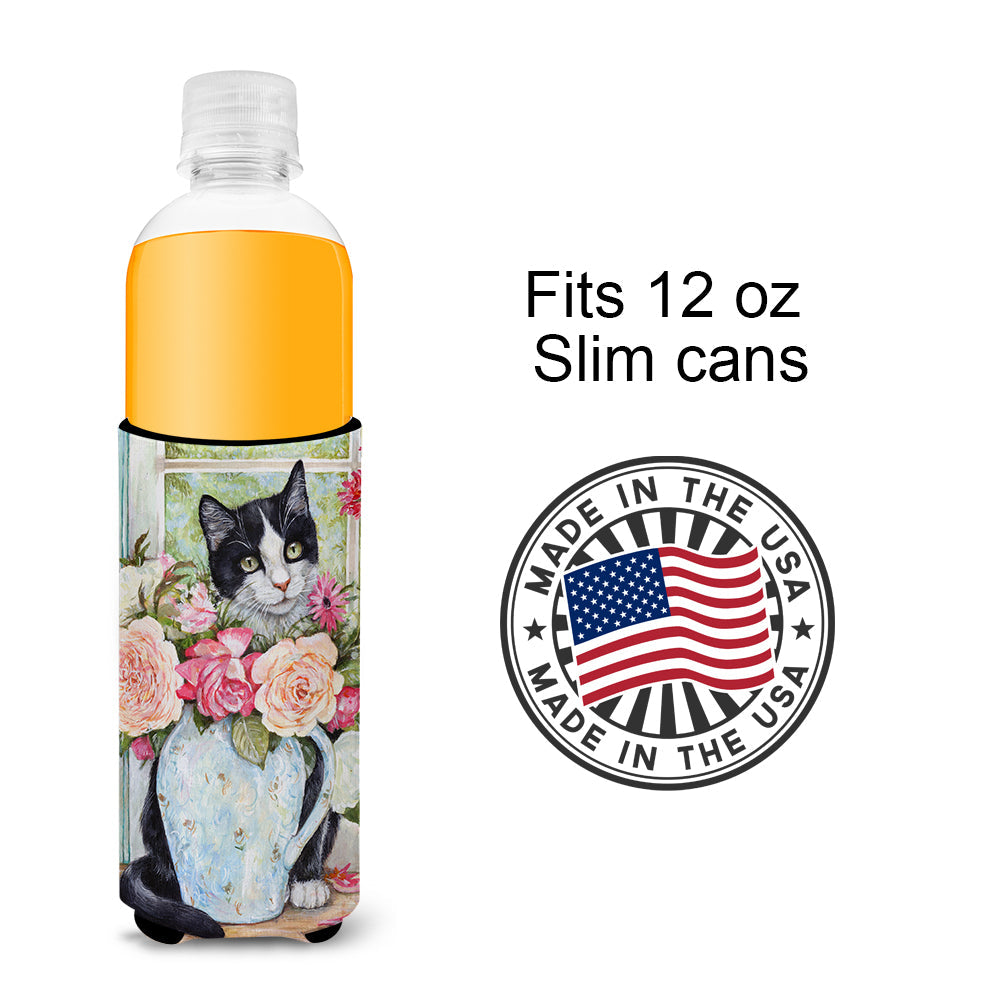 Black and White Rose Cat Slim Can Hugger , Insulated Foam Hugger for 12 oz Slim Cans, Beer Bottles & Water Bottles, Printed in USA