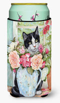 Black and White Rose Cat Tall Boy Hugger Can Cooler Sleeve Machine Washable Drink Collapsible Insulator Beverage Insulated Holder