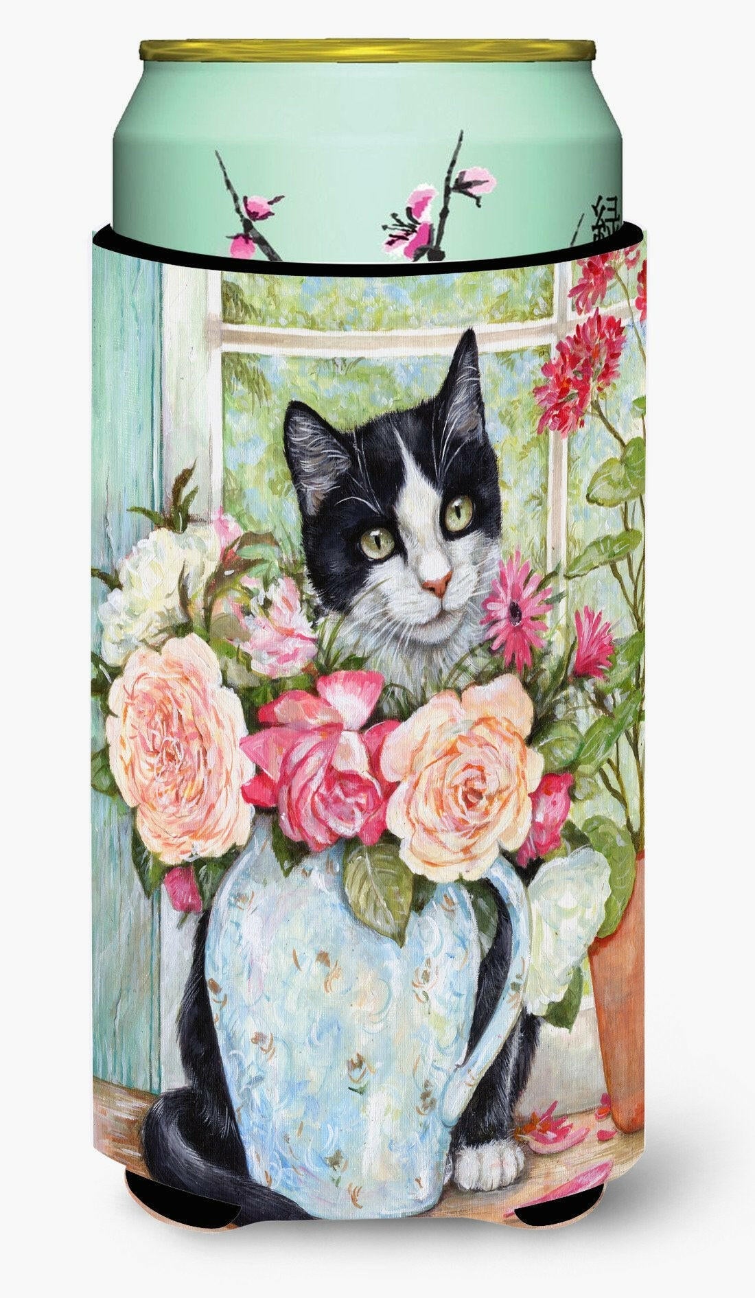 Black and White Rose Cat Tall Boy Hugger Can Cooler Sleeve Machine Washable Drink Collapsible Insulator Beverage Insulated Holder