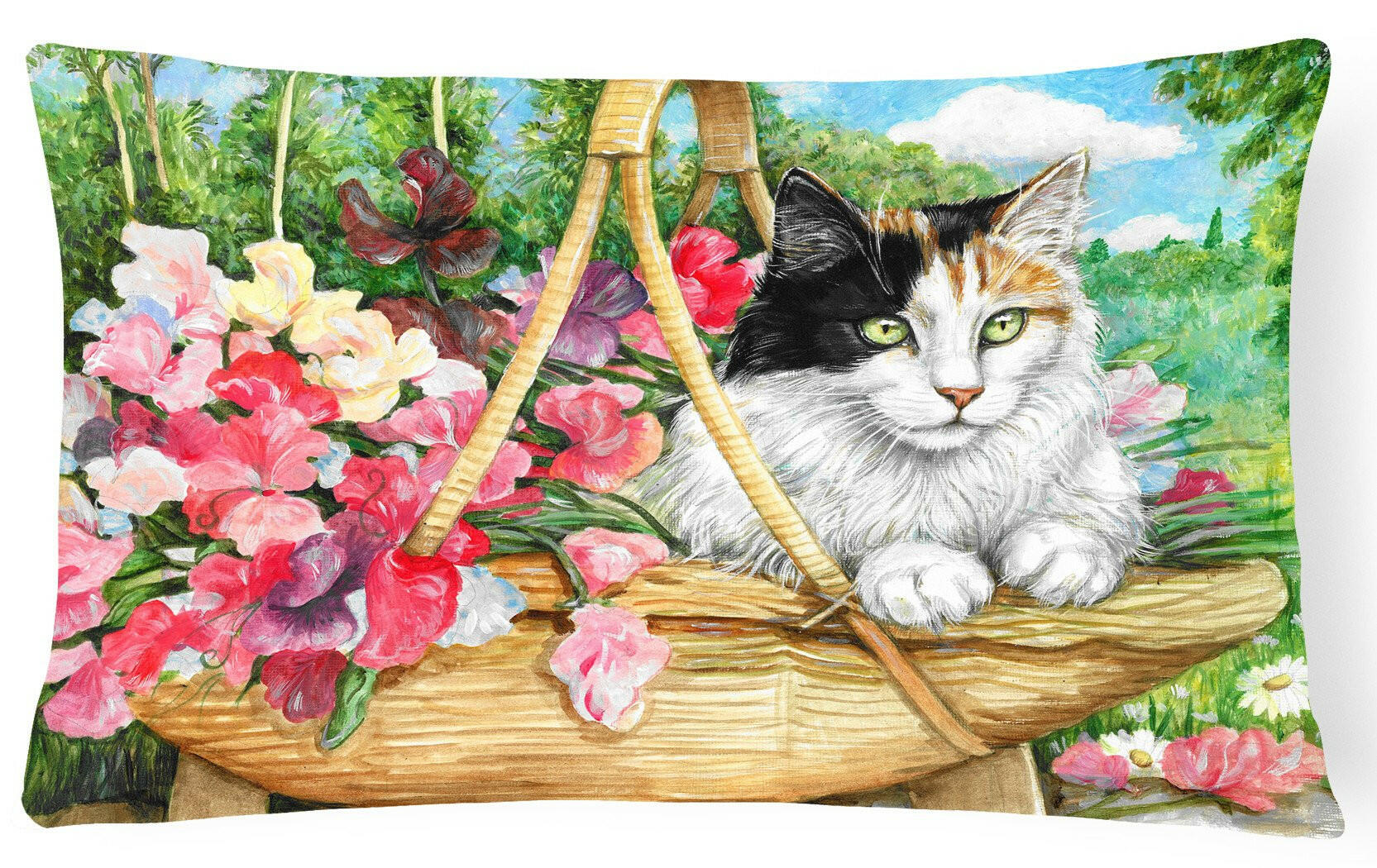 Cat In Basket Decorative Throw Pillow 12x16 Indoor Outdoor Accent Cushion, Fabric Cover with Insert for Sofa, Bed, Porch & Living Room